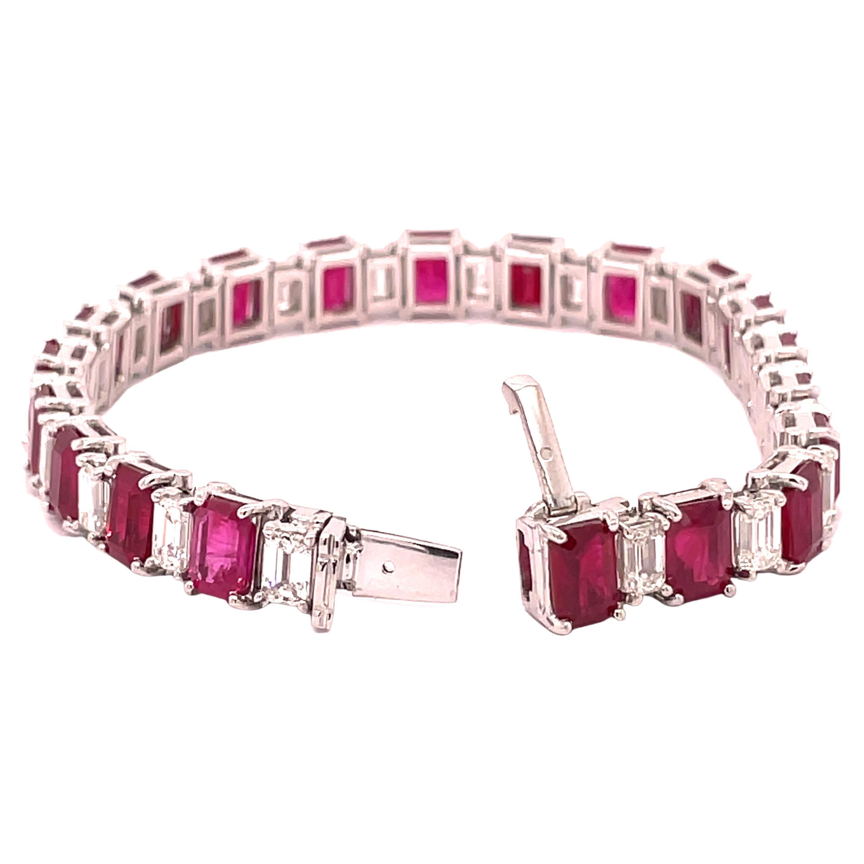 Women's Natural 25.56 Carat Ruby / Natural Diamond Emerald Cut Tennis Bracelet