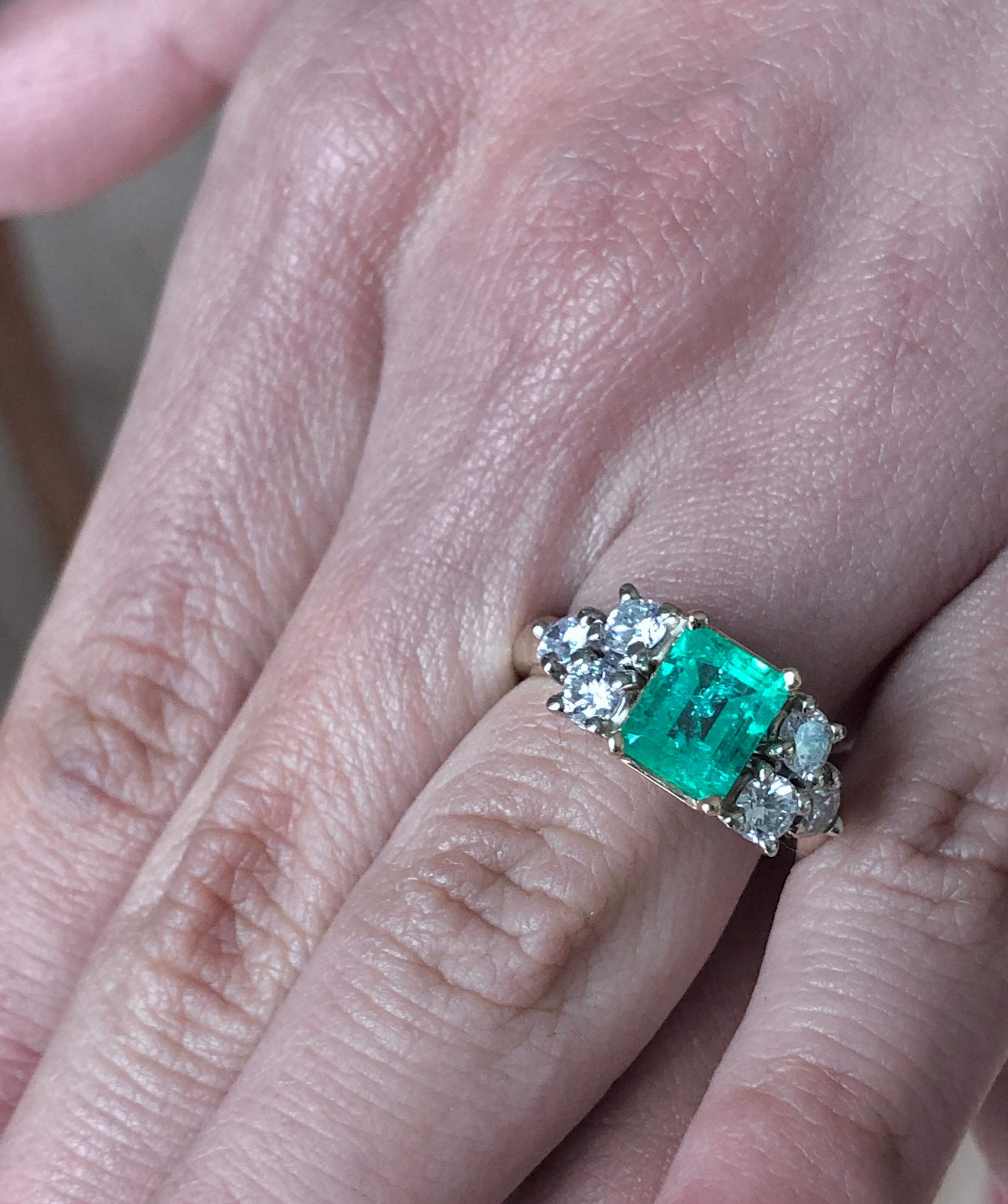 Engagement Emerald Diamond Ring Set with a Natural Colombian Emerald Medium Green 1.56 Carats and Natural white diamonds 1.01 Carats H-SI1,. Total Gemstone Weight 2.57 Carats.  This gorgeous ring is unique and well hand made 14K yellow and white