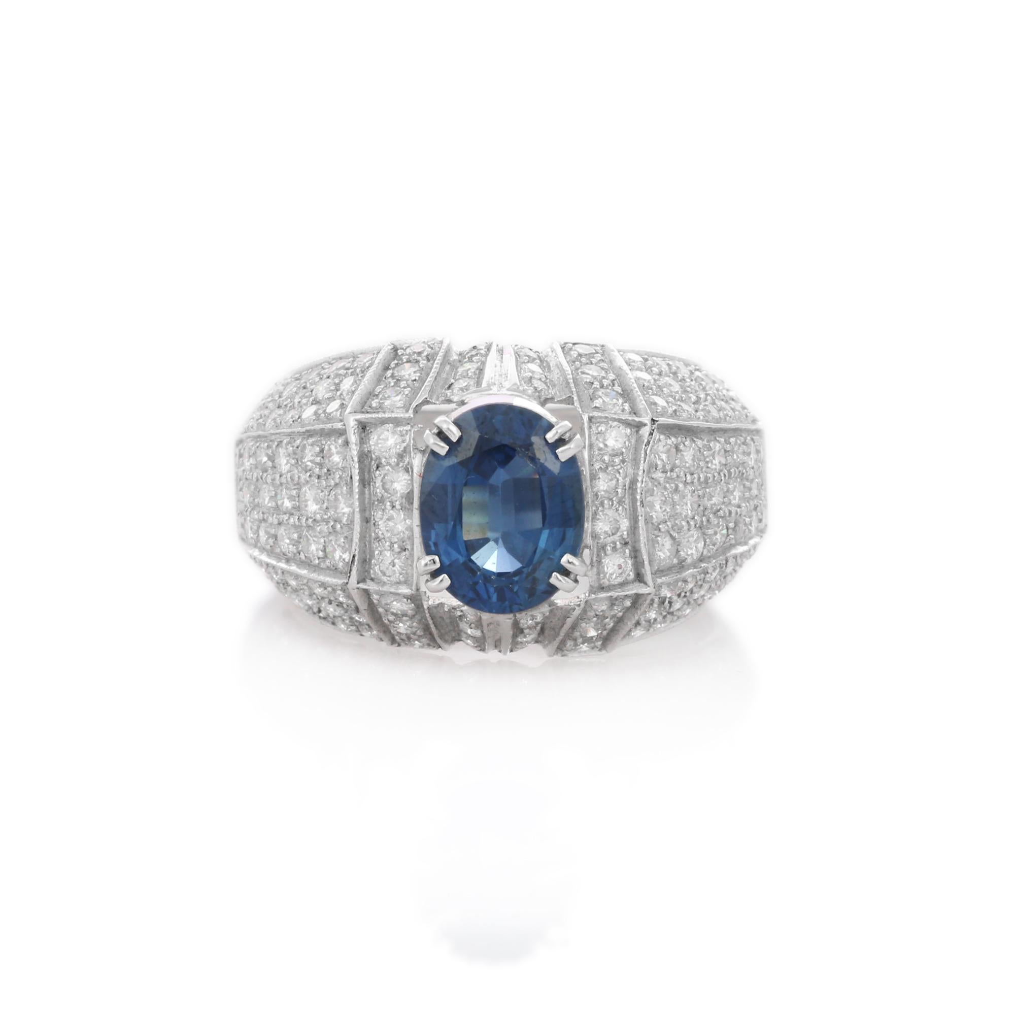 For Sale:  Diamond and Blue Sapphire Bold Engagement Ring in 18K Solid White Gold 2