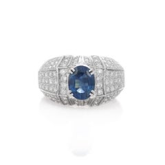 Diamond and Blue Sapphire Bold Engagement Ring in 18K Solid White Gold