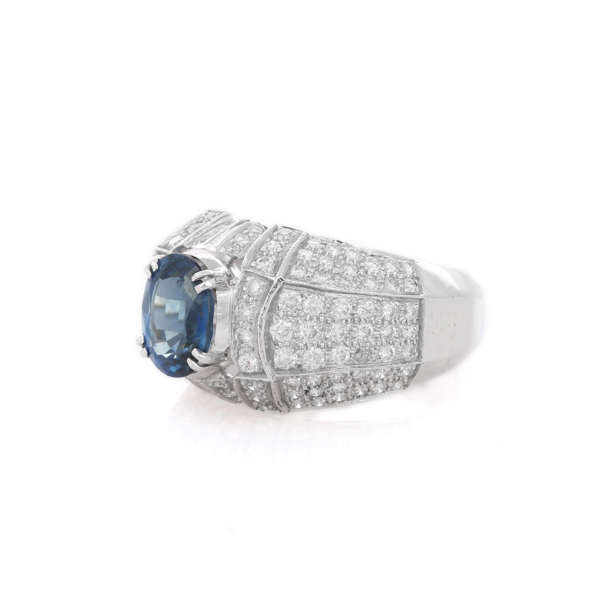 For Sale:  Diamond and Blue Sapphire Bold Engagement Ring in 18K Solid White Gold 3