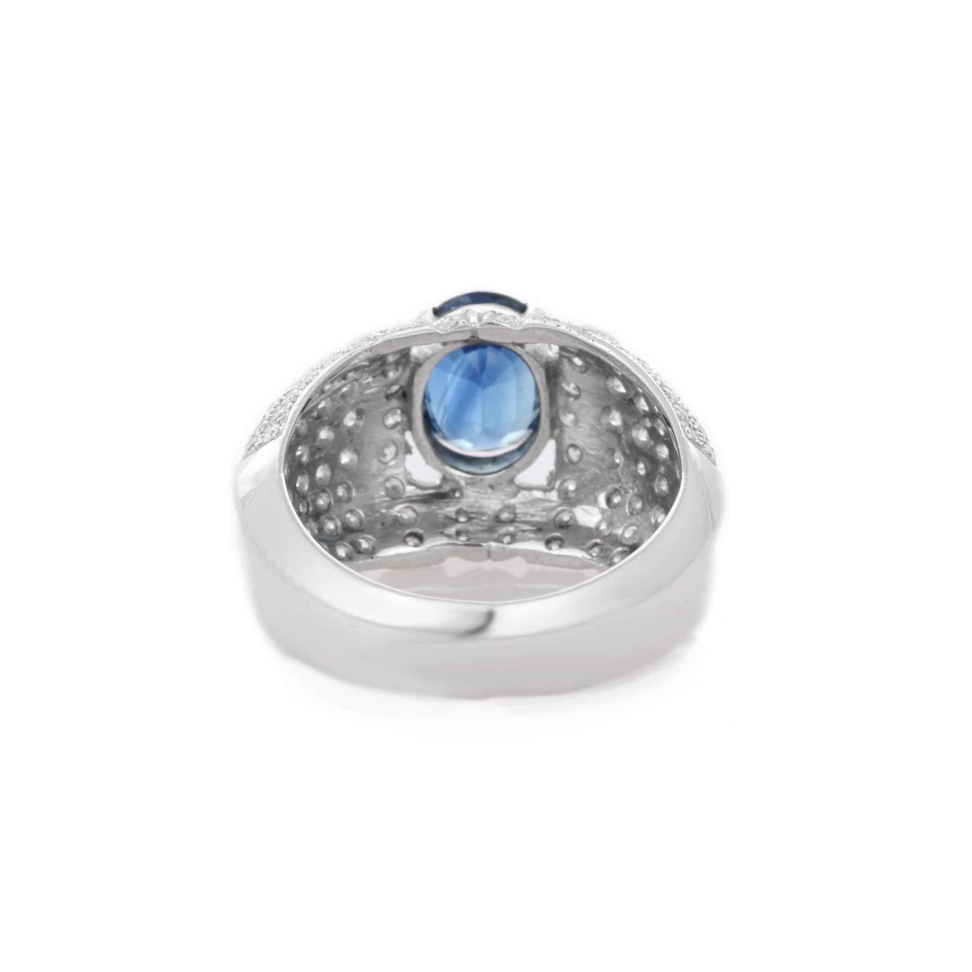 For Sale:  Diamond and Blue Sapphire Bold Engagement Ring in 18K Solid White Gold 4