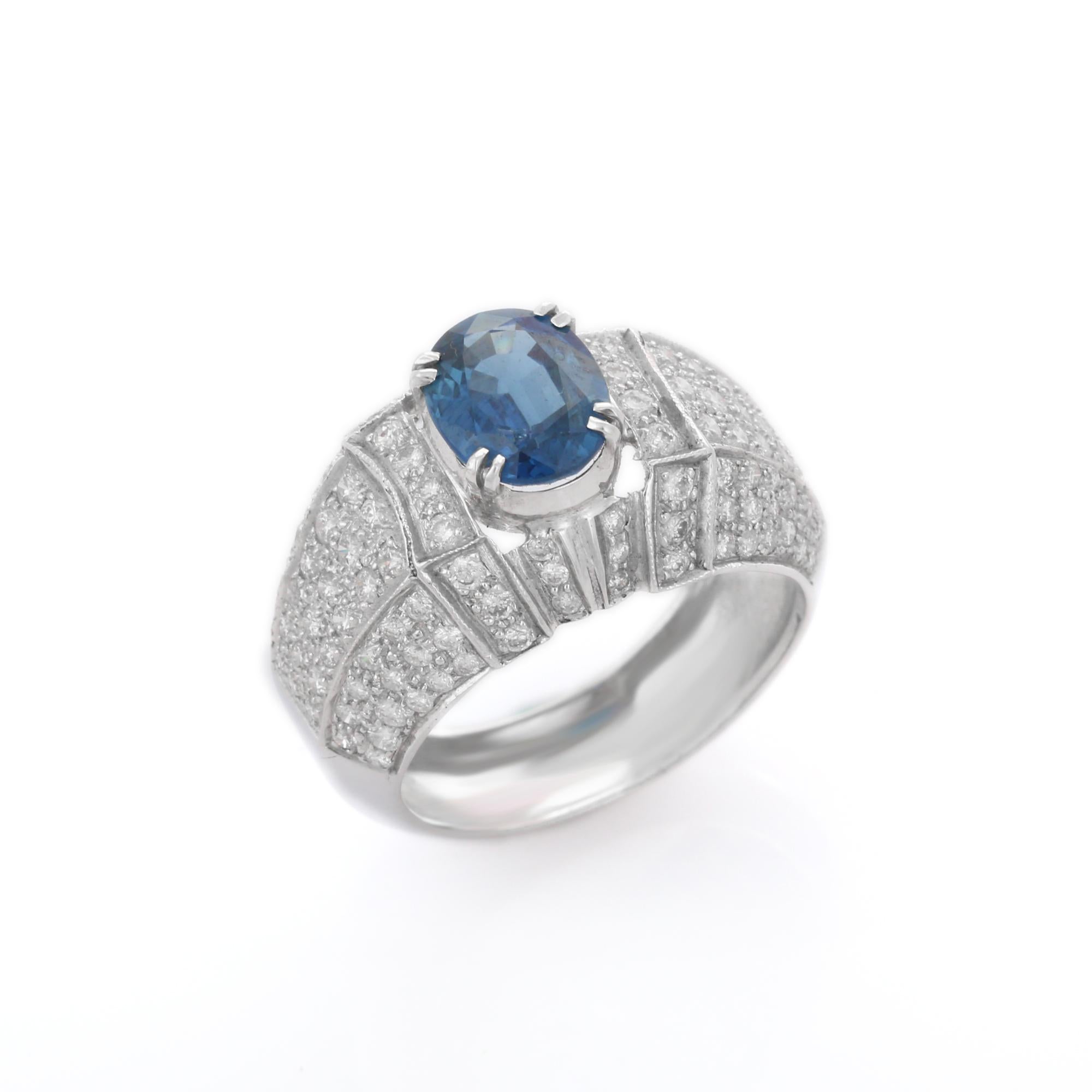 For Sale:  Diamond and Blue Sapphire Bold Engagement Ring in 18K Solid White Gold 5