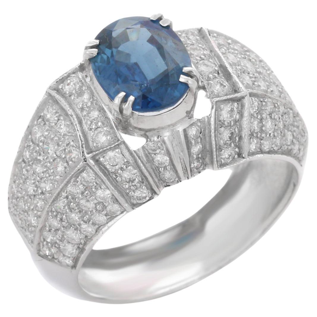 For Sale:  Diamond and Blue Sapphire Bold Engagement Ring in 18K Solid White Gold