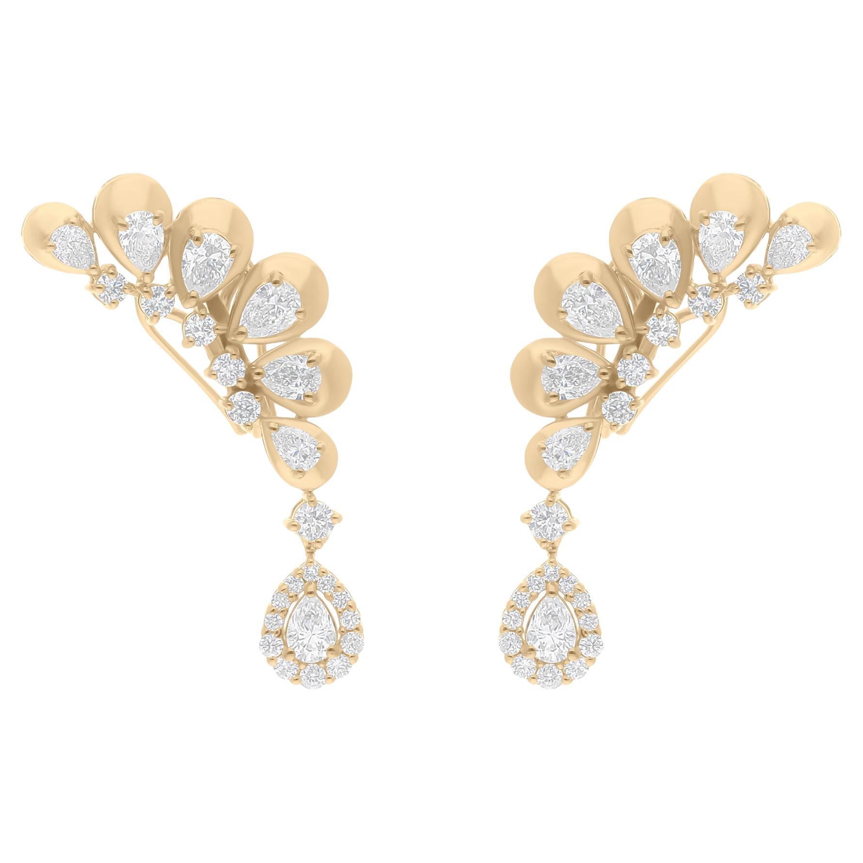 Natural 2.6 Carat SI/H Pear Round Diamond Ear Cuff Earrings 18 Karat Yellow Gold