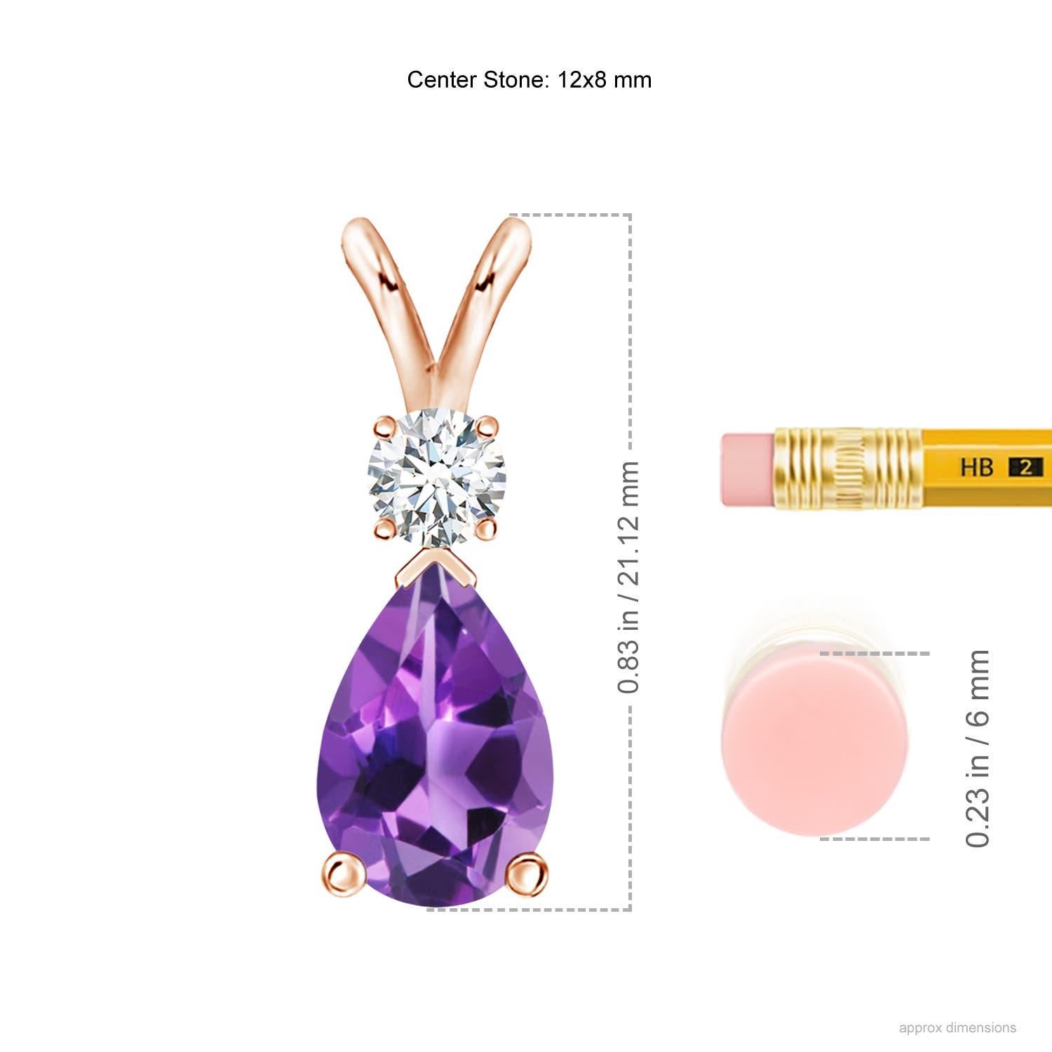 A pear-shaped deep purple amethyst is secured in a prong setting and embellished with a diamond accent on the top. Simple yet stunning, this teardrop amethyst pendant with V bale is sculpted in 14k rose gold.