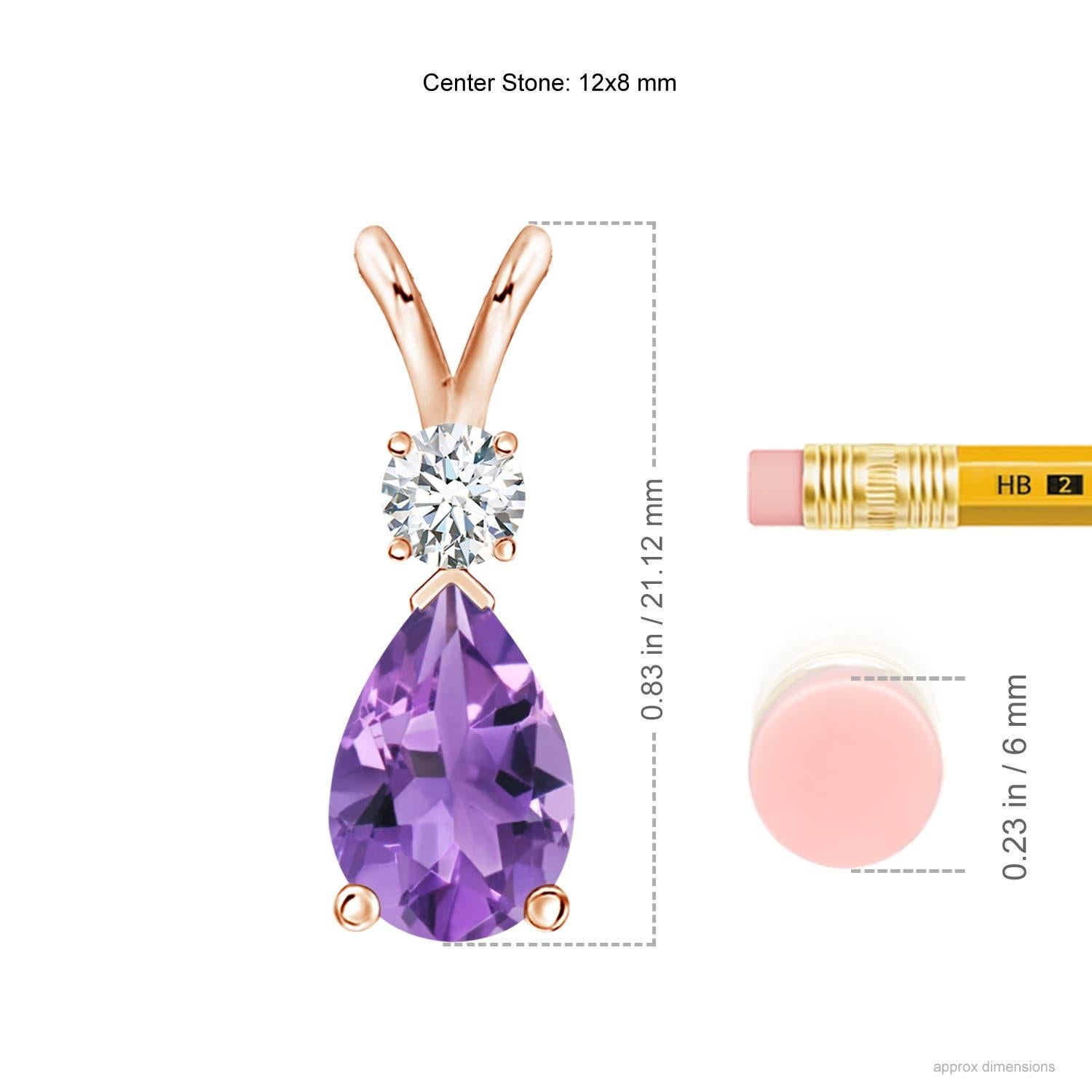 A pear-shaped deep purple amethyst is secured in a prong setting and embellished with a diamond accent on the top. Simple yet stunning, this teardrop amethyst pendant with V bale is sculpted in 14k rose gold.