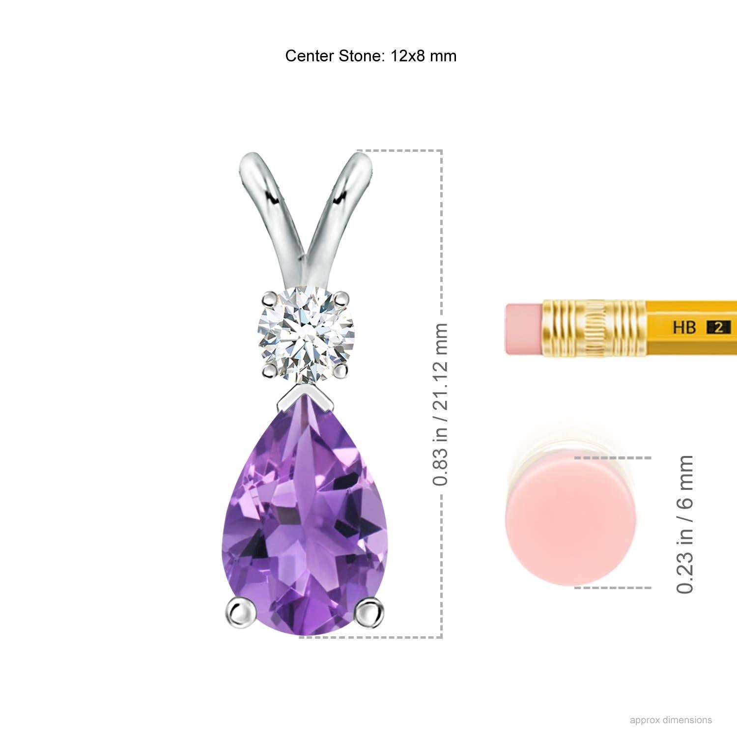 A pear-shaped deep purple amethyst is secured in a prong setting and embellished with a diamond accent on the top. Simple yet stunning, this teardrop amethyst pendant with V bale is sculpted in 14k white gold.