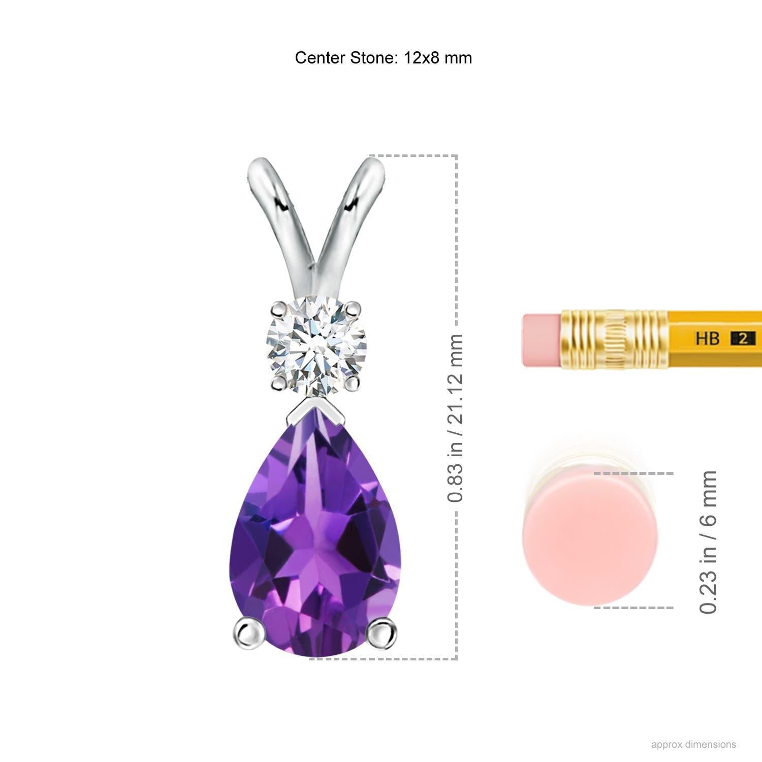 A pear-shaped deep purple amethyst is secured in a prong setting and embellished with a diamond accent on the top. Simple yet stunning, this teardrop amethyst pendant with V bale is sculpted in 14k white gold.
