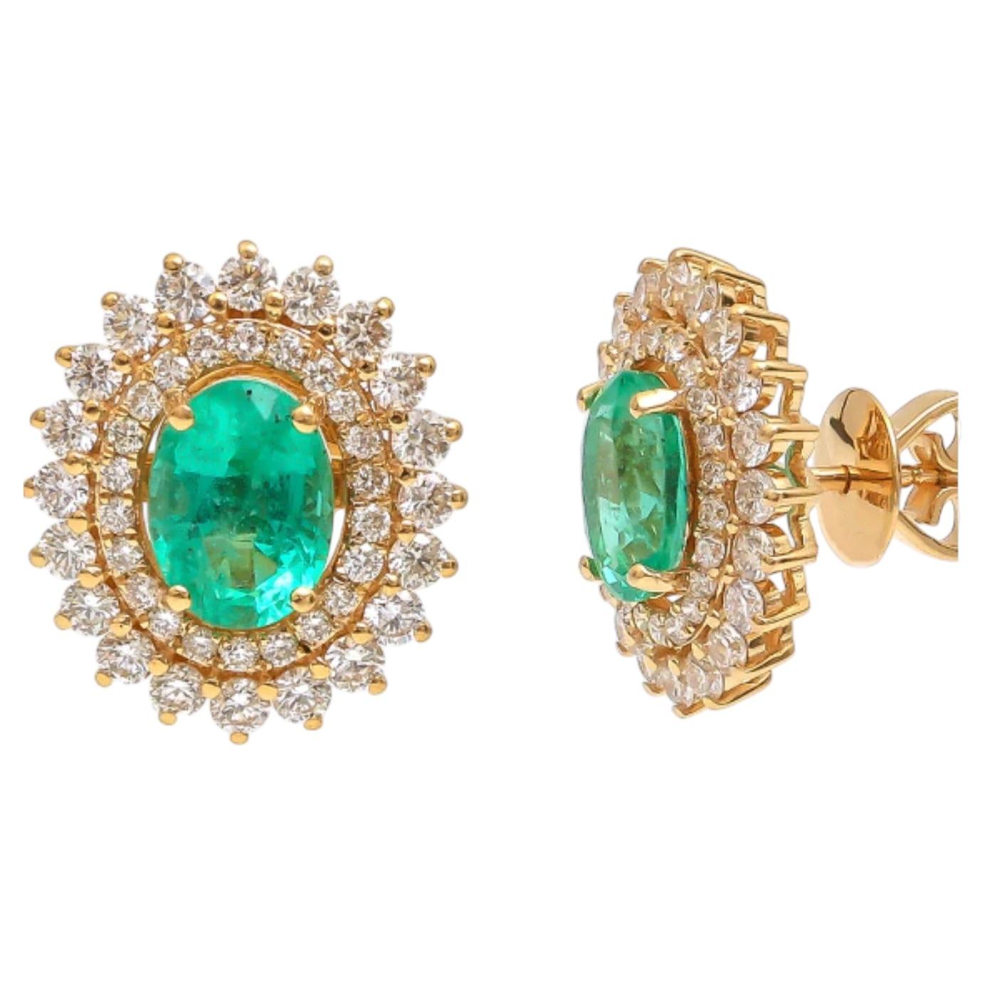 Boucles d'oreilles en or jaune 18 carats, ornées d'émeraudes de Zambie et de diamants