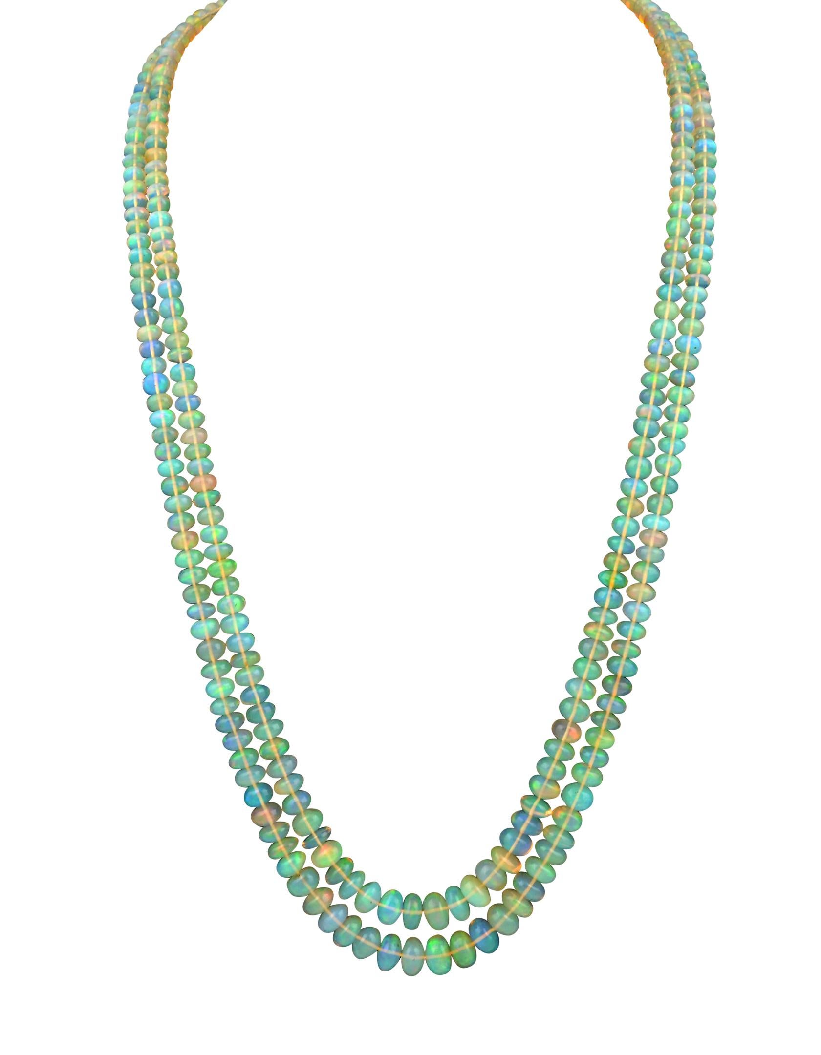  Natural 265 Ct Ethiopian Opal Bead Double Strand Necklace Opera Length 24 Inch 14 karat yellow gold adjustable clasp
22-24  inch adjustable  length 
2 layers of Natural opal  Beads
These are Smooth beads , have  very much  Luster and