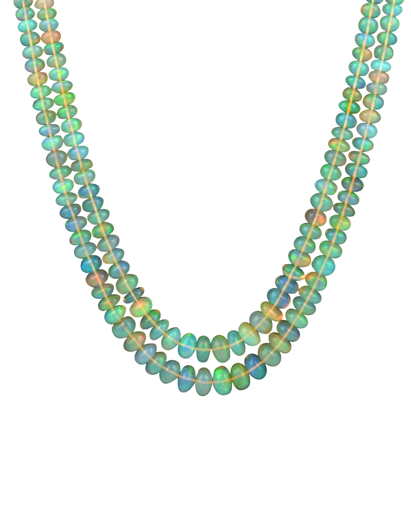 Women's Natural 265 Ct Ethiopian Opal Bead Double Strand Necklace 14 Karat Yellow Gold