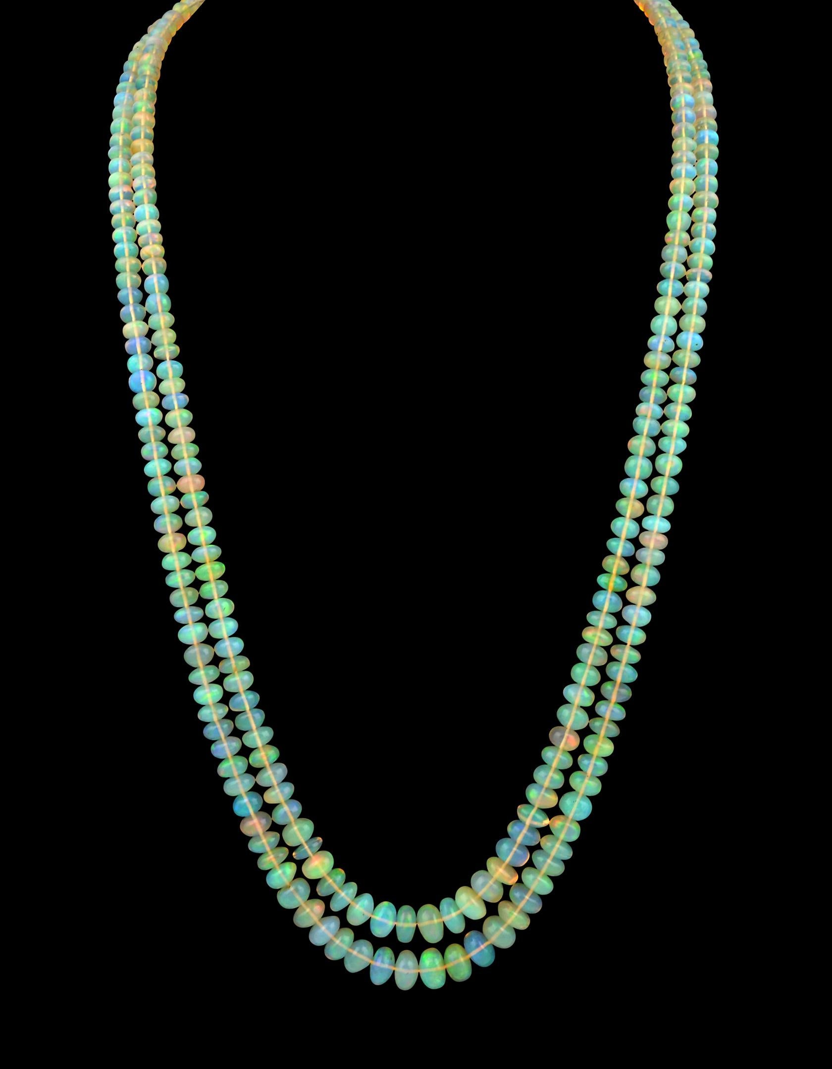 Natural 265 Ct Ethiopian Opal Bead Double Strand Necklace 14 Karat Yellow Gold 2