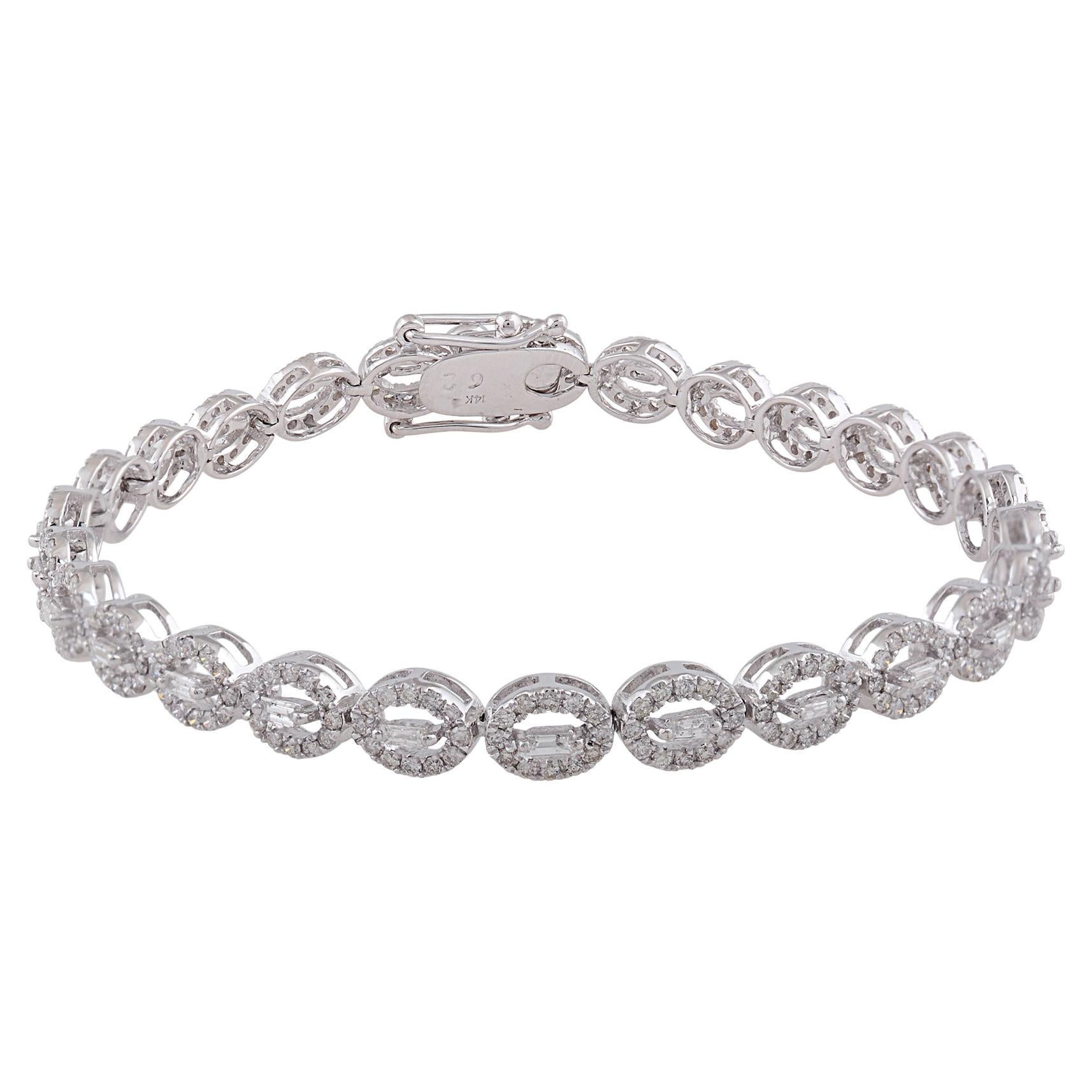 Natural 2.70 Carat Baguette Diamond Oval Charm Bracelet 14 Karat White Gold