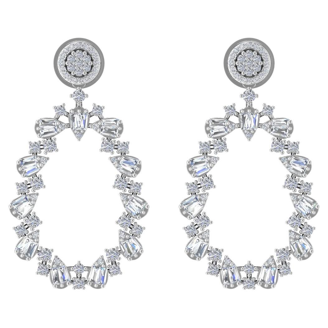 Natural 2.70 Carat Baguette Round Diamond Dangle Earrings 14 Karat White Gold For Sale