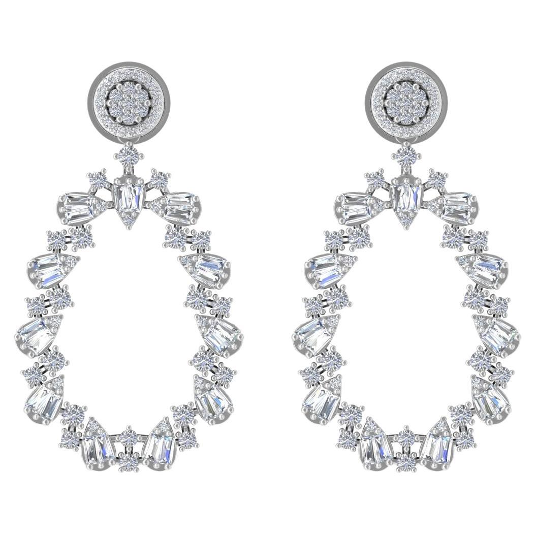 Pendants d'oreilles en or blanc 18 carats avec diamants ronds baguettes naturels de 2,70 carats