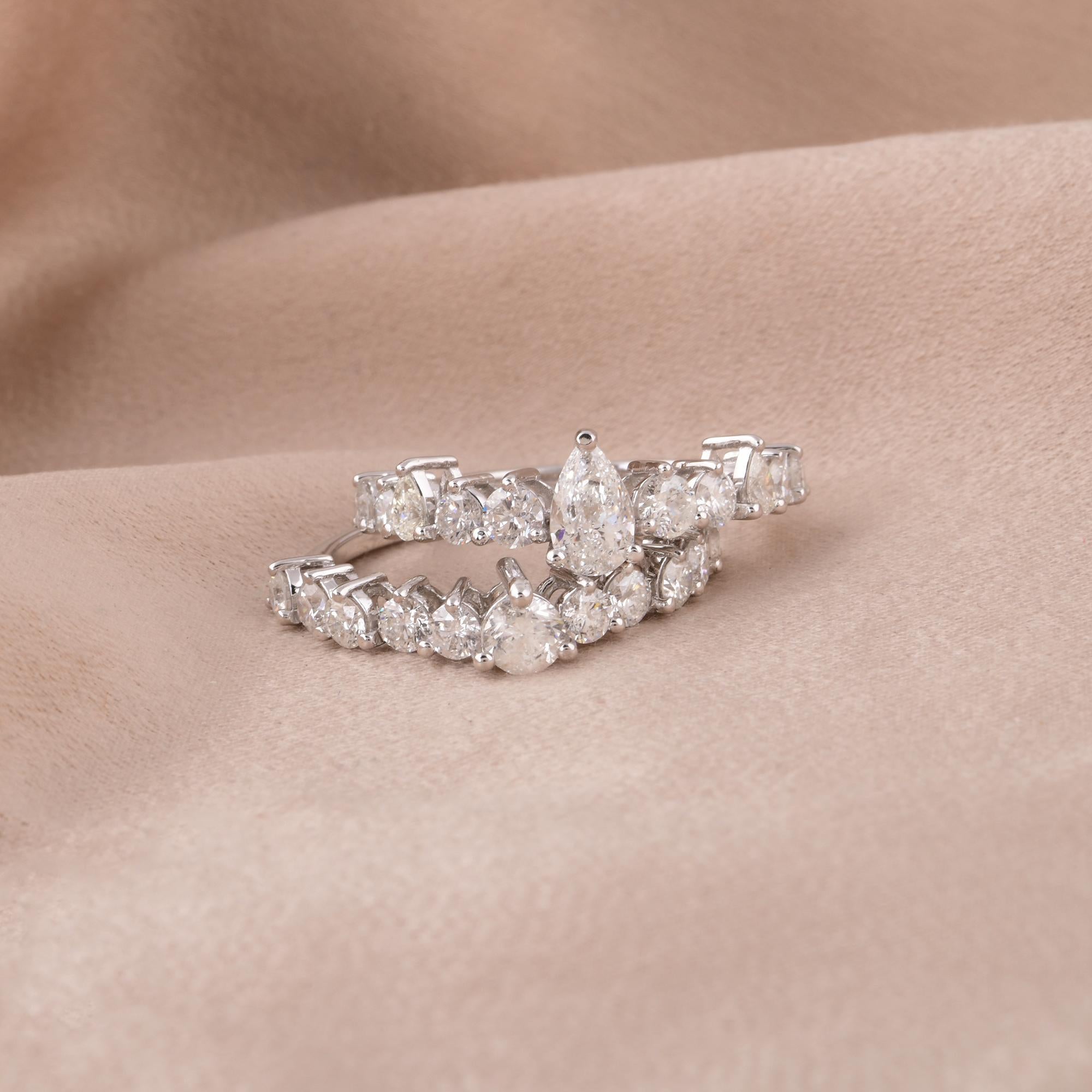 Pear Cut Natural 2.70 Carat Diamond Ring Set 18 Karat White Gold Handmade Fine Jewelry For Sale