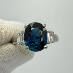 Natural 2.74ct Deep Blue Sapphire & Baguette Diamond Platinum Five Stone Ring
