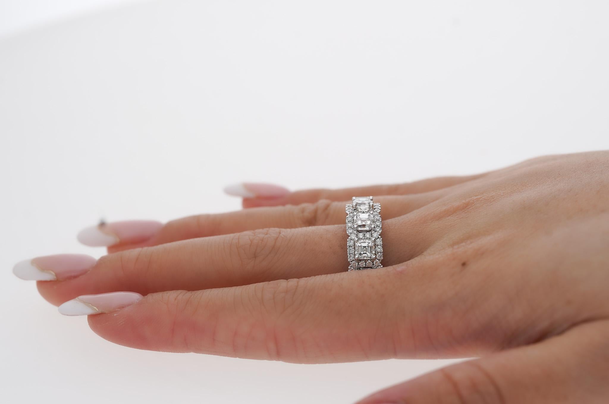 Modern Natural 2.75 CTTW Asscher Cut Diamond Band Ring in 18K White Gold For Sale