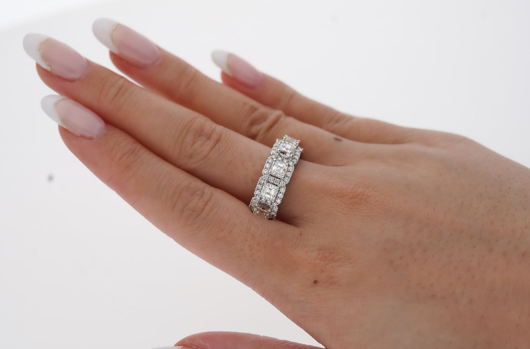 Women's Natural 2.75 CTTW Asscher Cut Diamond Band Ring in 18K White Gold For Sale