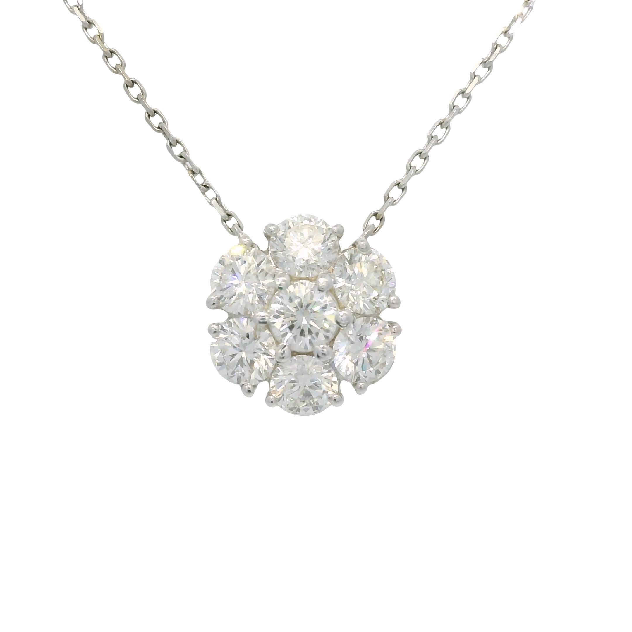 Modern Natural 2.76 Carat Round Diamond Cluster 18-Karat Flower Necklace In Stock For Sale