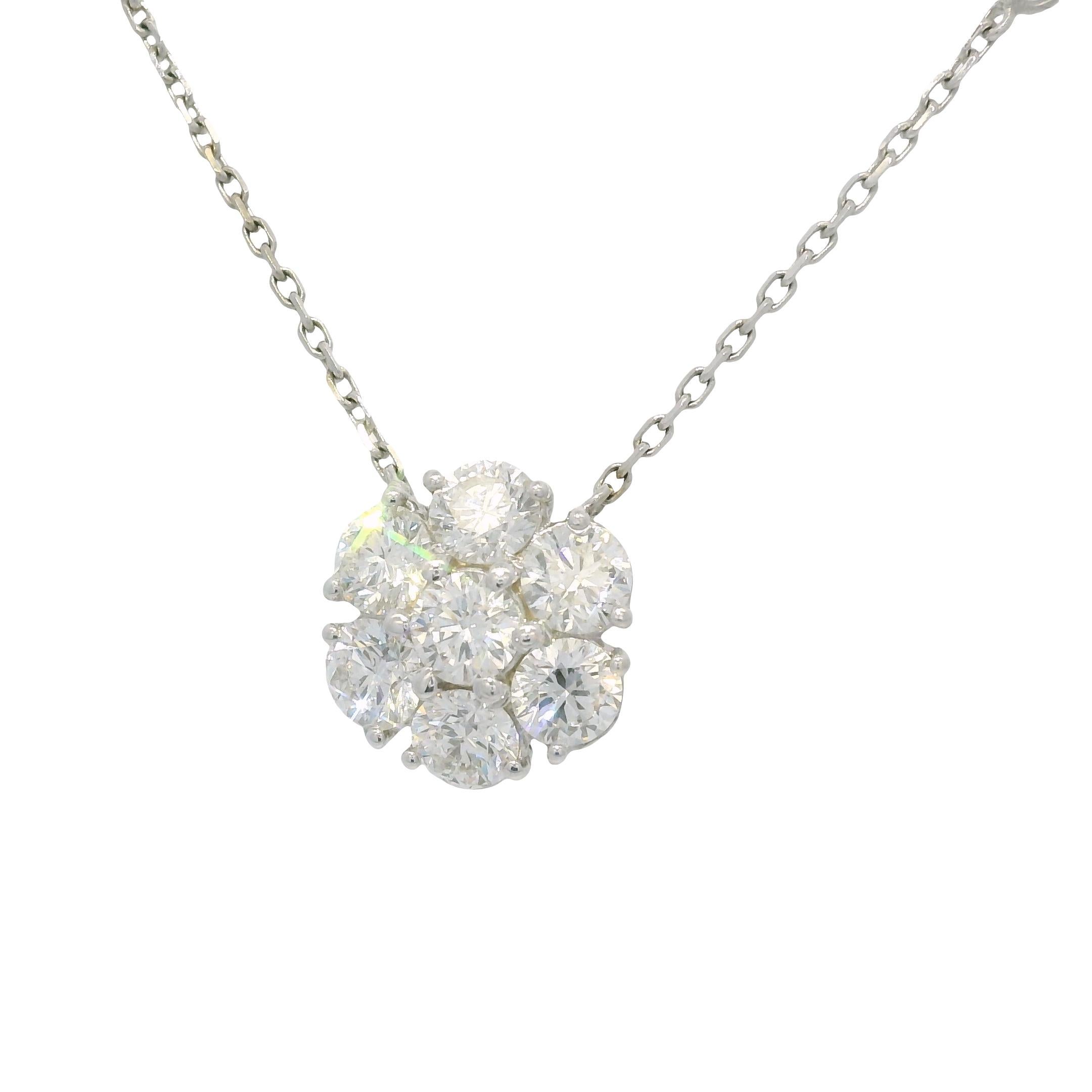 Round Cut Natural 2.76 Carat Round Diamond Cluster 18-Karat Flower Necklace In Stock For Sale