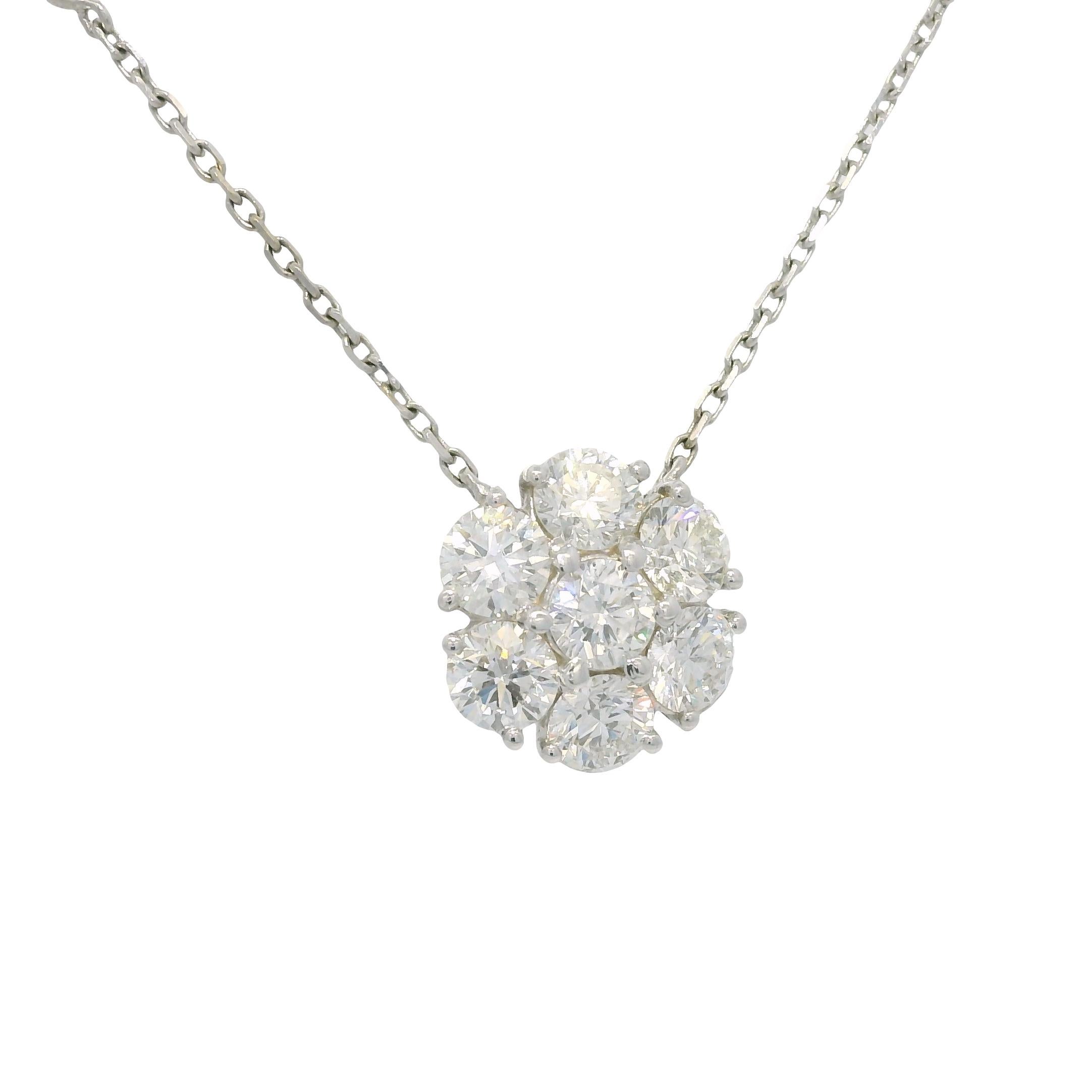 Natural 2.76 Carat Round Diamond Cluster 18-Karat Flower Necklace In Stock In Excellent Condition For Sale In Boca Raton, FL