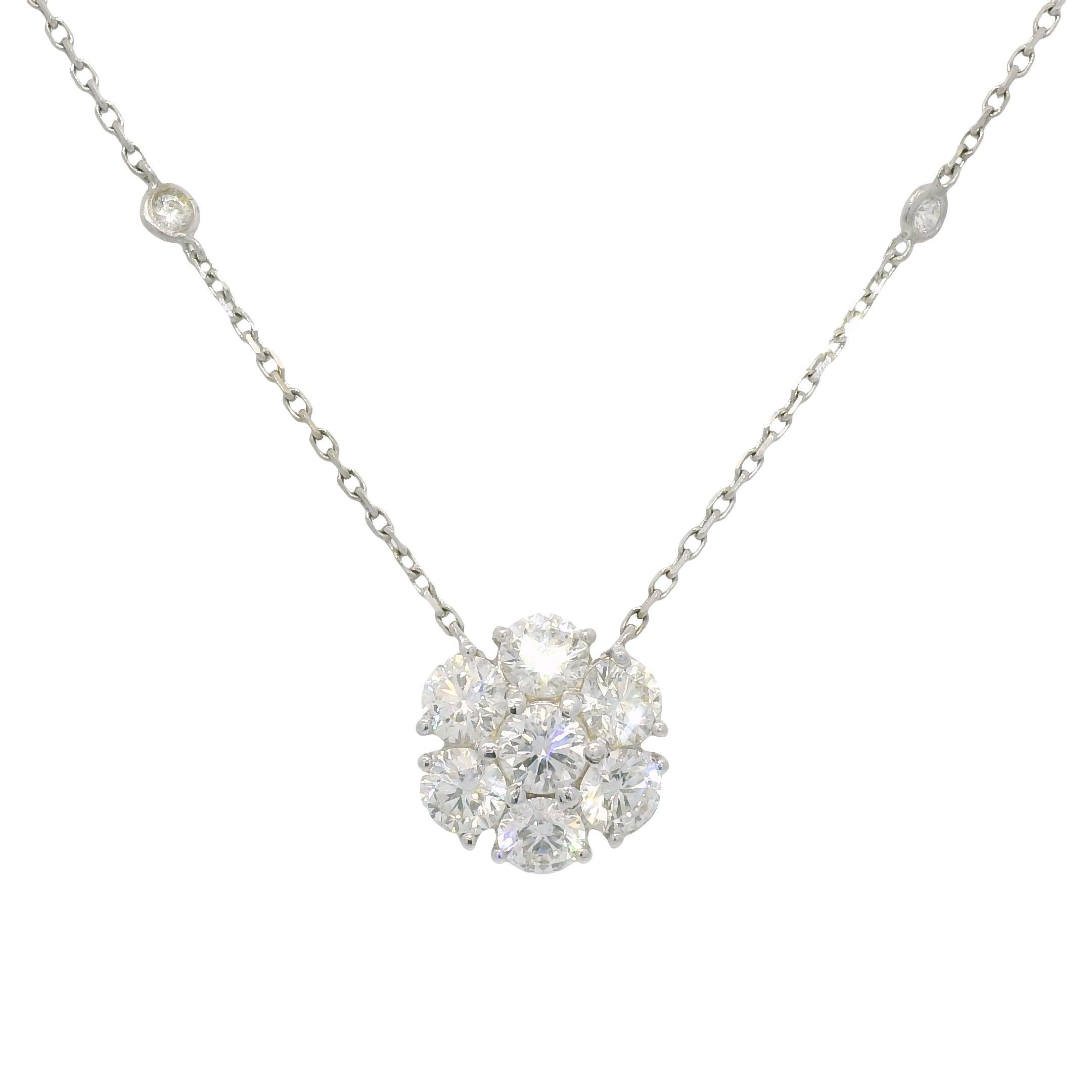 Women's Natural 2.76 Carat Round Diamond Cluster 18-Karat Flower Necklace In Stock For Sale