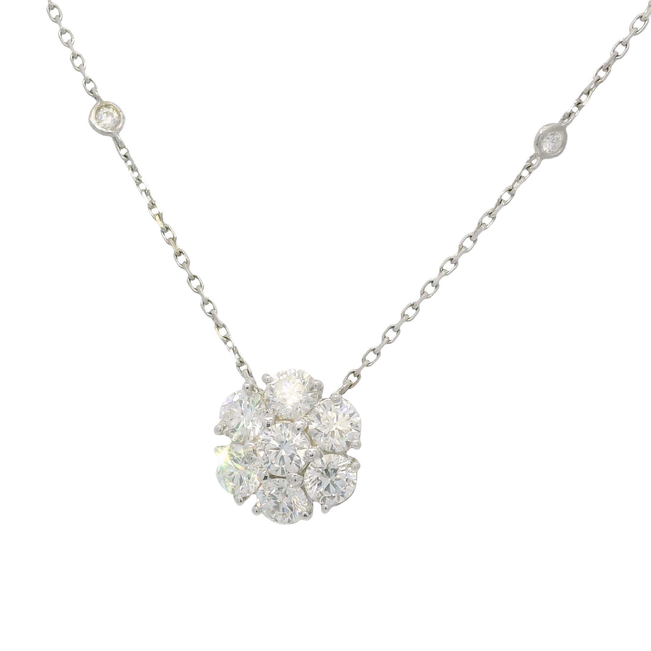 Natural 2.76 Carat Round Diamond Cluster 18-Karat Flower Necklace In Stock For Sale 1