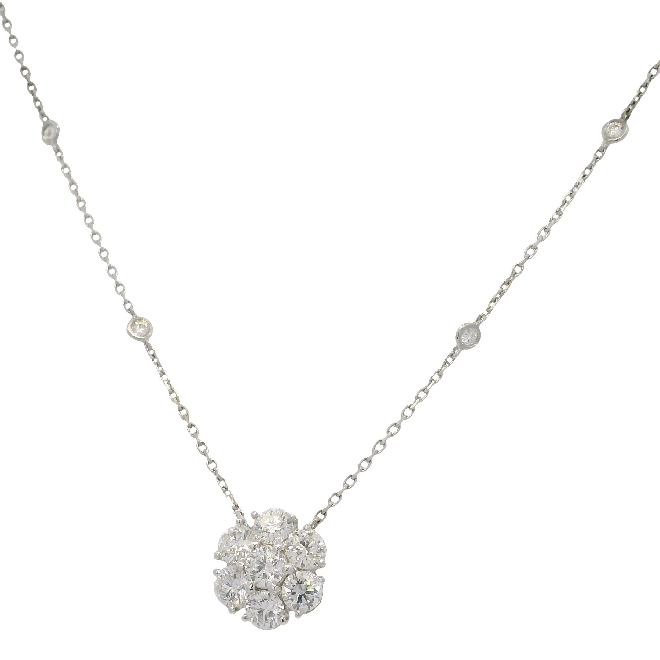 Natural 2.76 Carat Round Diamond Cluster 18-Karat Flower Necklace In Stock For Sale 3