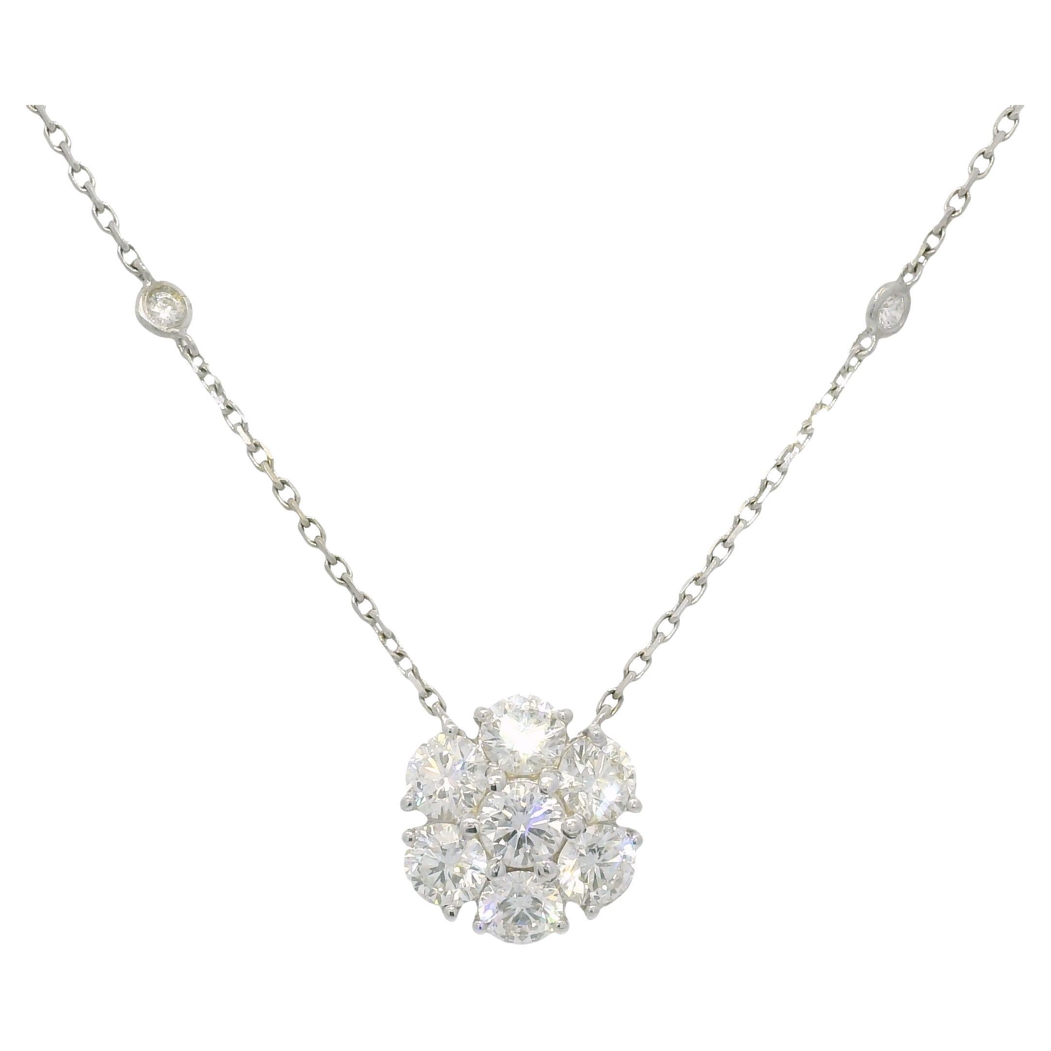 Natural 2.76 Carat Round Diamond Cluster 18-Karat Flower Necklace In Stock For Sale