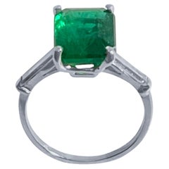 Natural 2.8 Carat Emerald Cut Zambian Emerald & Diamond Ring in Platinum, Estate