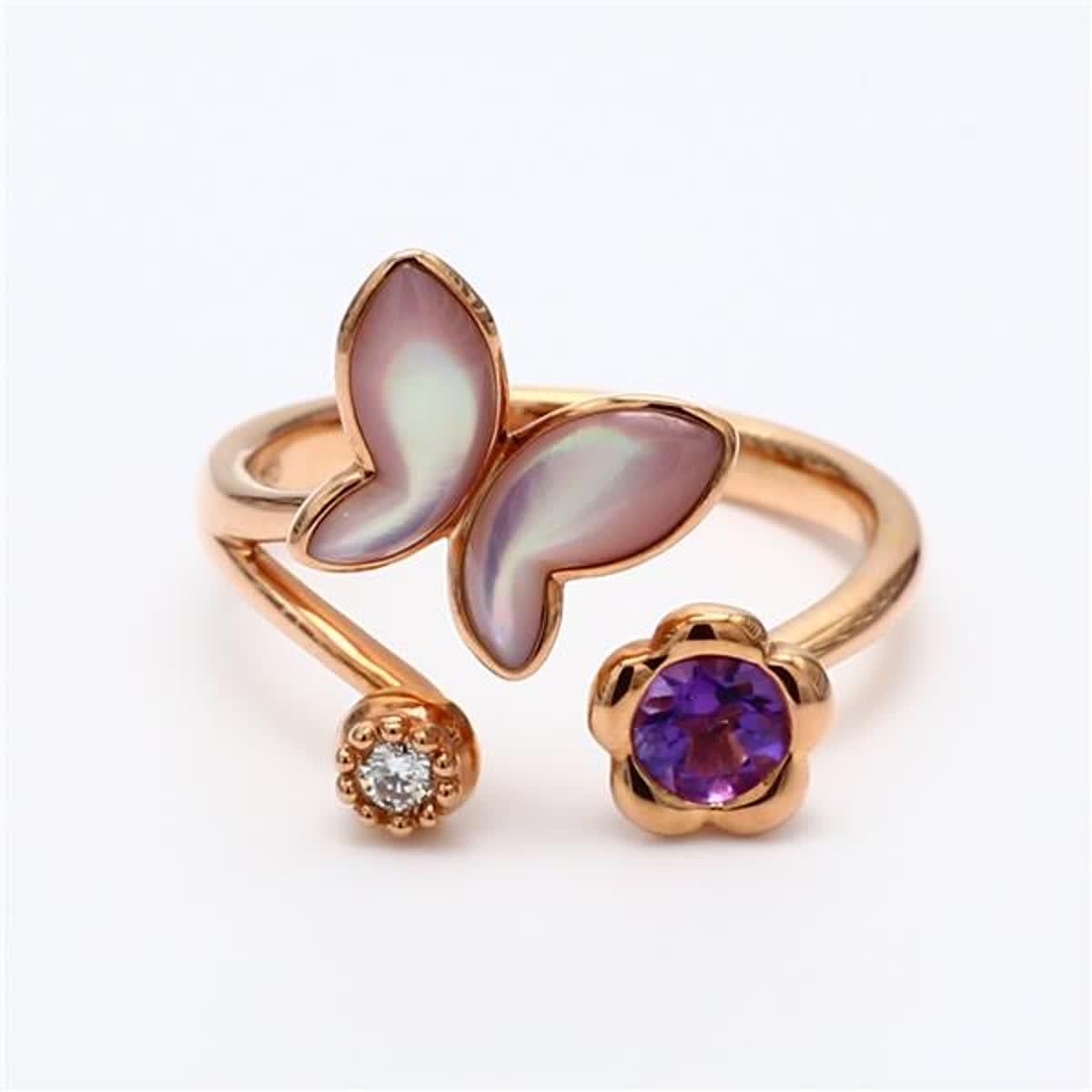 RareGemWorld's classic fashion ring. Mounted in a beautiful 18K Rose Gold setting with a natural amethyst, pink corralium secundum, and a natural round white diamond. This ring is guaranteed to impress and enhance your personal collection!

Total