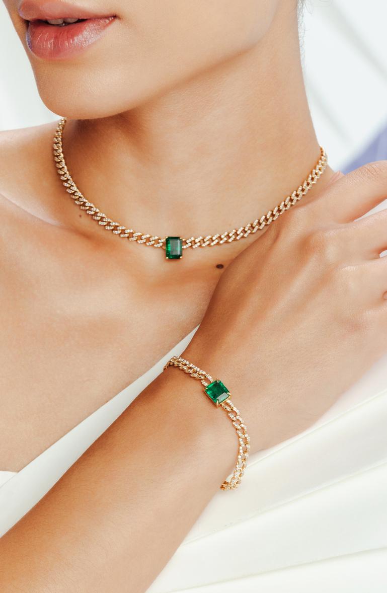 This Statement Emerald Diamond Chain Bracelet in 18K gold showcases endlessly sparkling natural emerald, weighing 2.82 carat and diamonds weighing 1.9 carat. It measures 7 inches long in length. 
Emerald enhances intellectual capacity of the