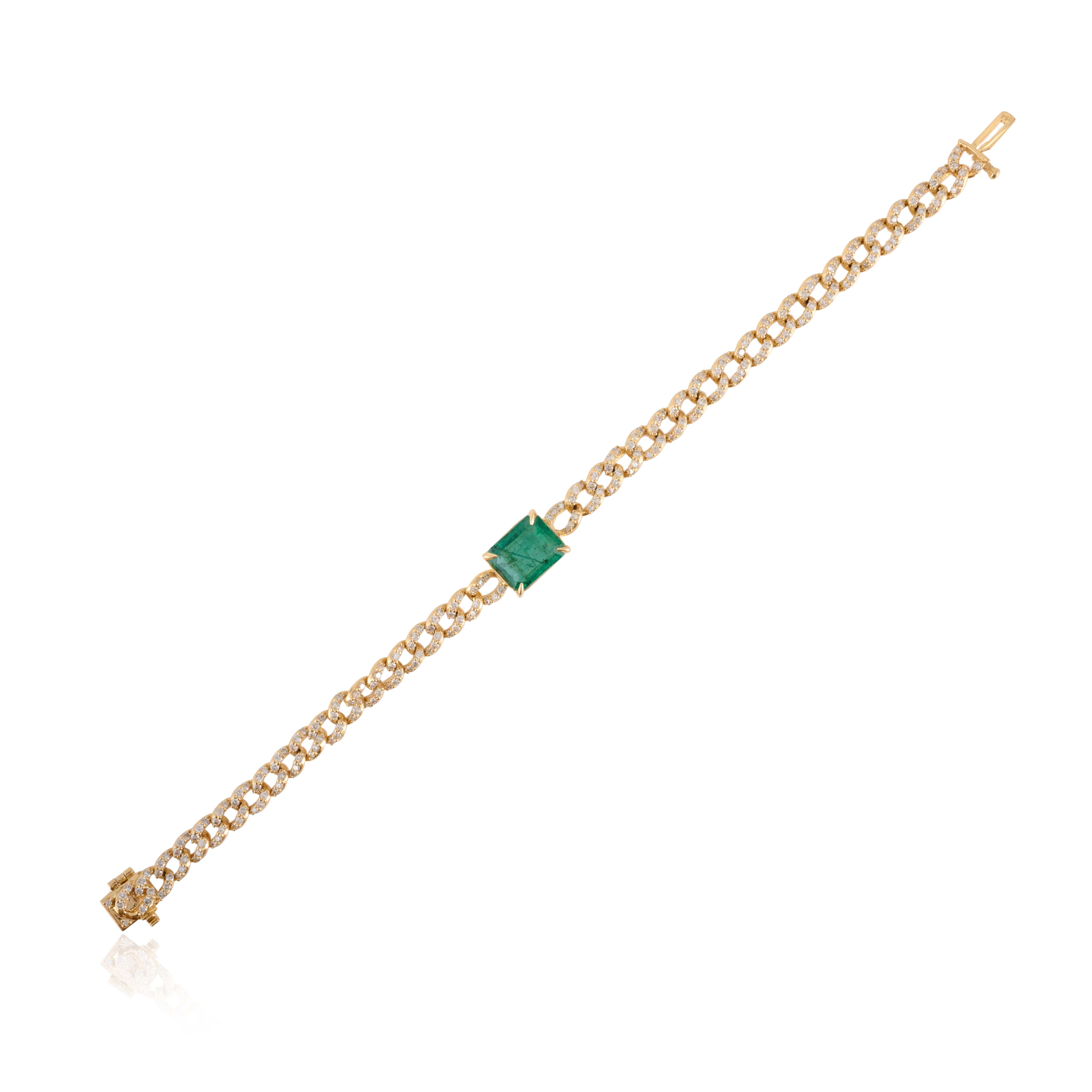Art Deco Statement Emerald Diamond Chain Bracelet in 18k Solid Yellow Gold For Sale