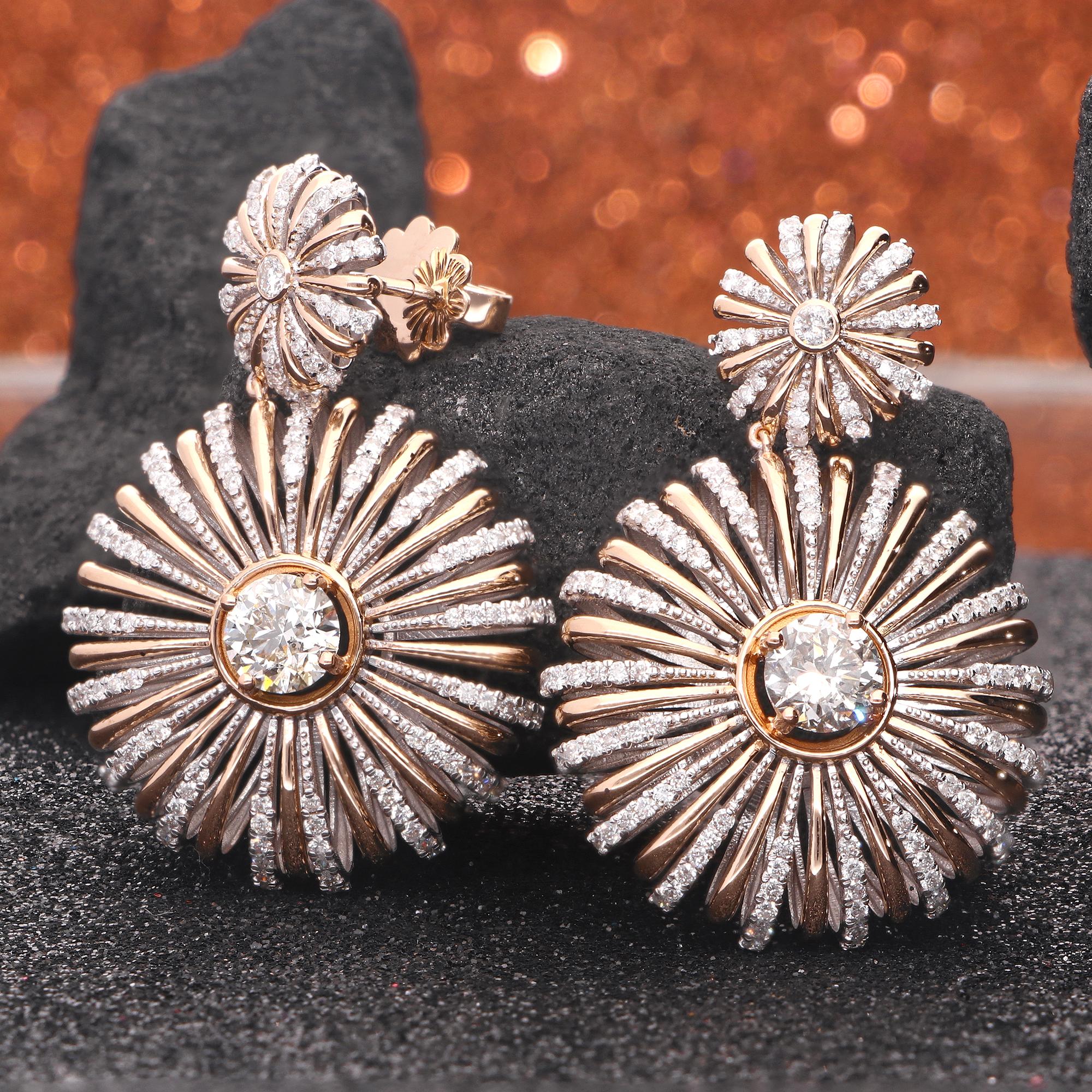 Modern Natural 2.85 Carat Diamond Sunburst Celestial Dangle Earrings 18 Karat Rose Gold For Sale