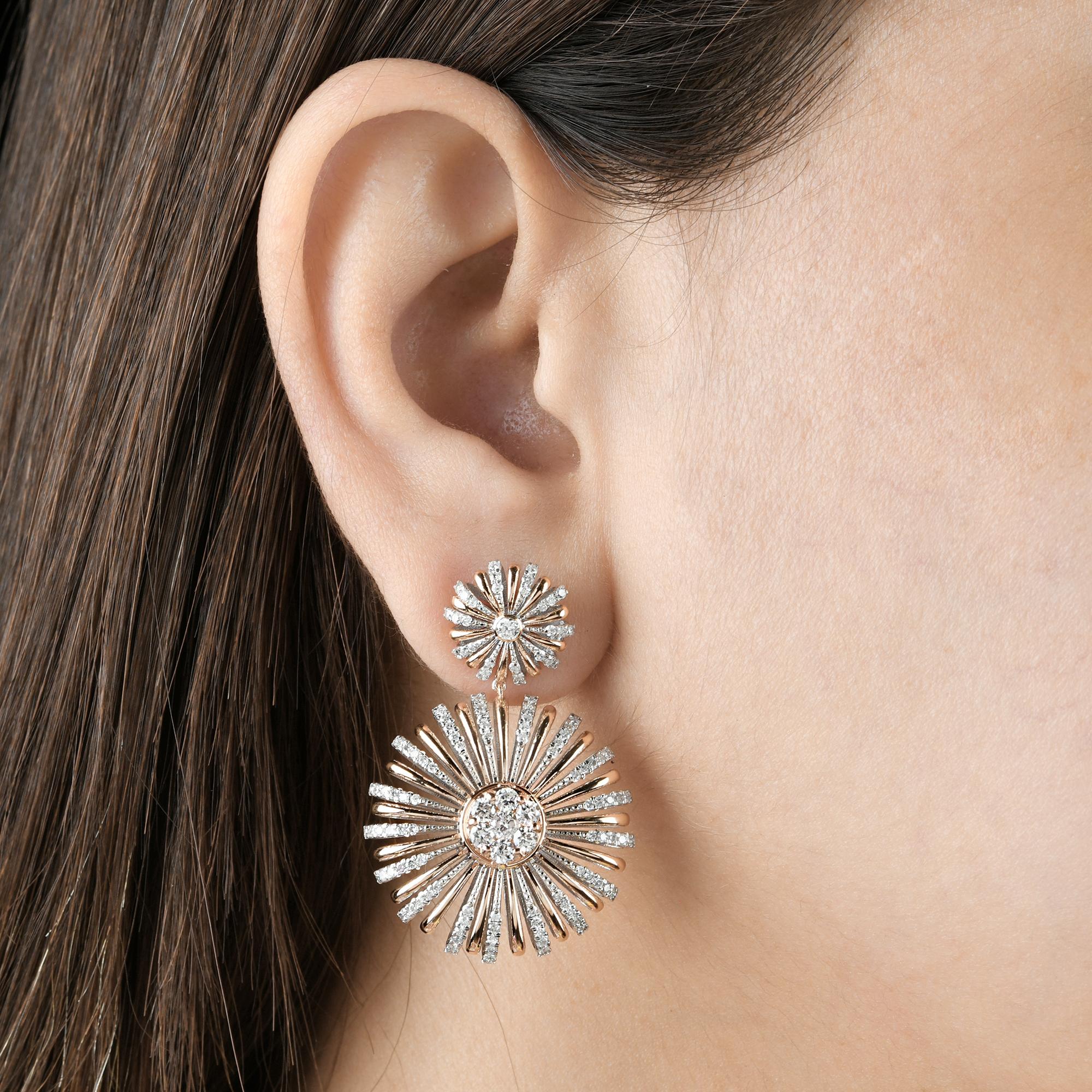 Round Cut Natural 2.85 Carat Diamond Sunburst Celestial Dangle Earrings 18 Karat Rose Gold For Sale