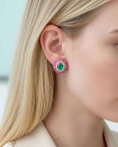Natural 2.85cts Emerald, Pink Sapphire & 0.54cts Diamond Earring in 14k Gold