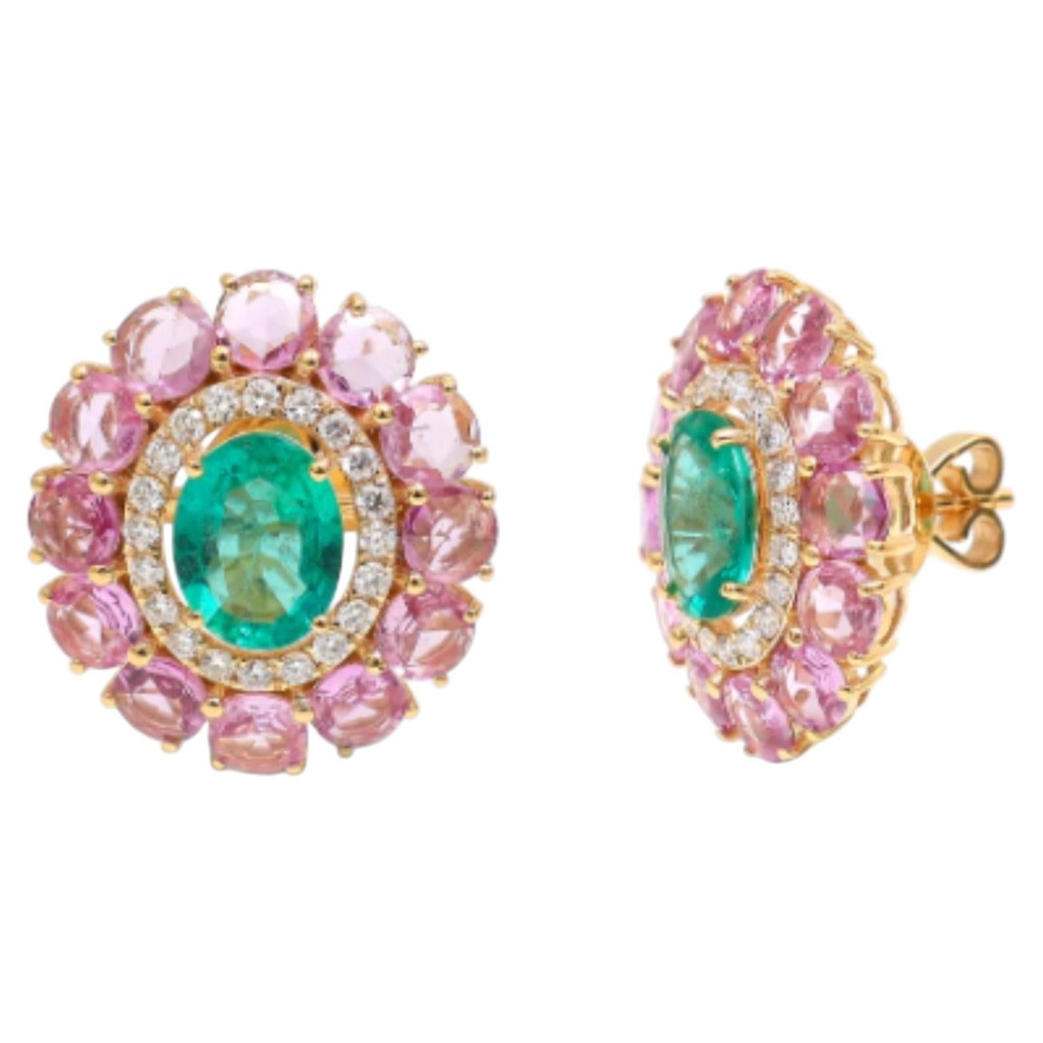 14K Yellow Gold Emerald and Diamond Earrings, 2.85ct Zambian Gemstone