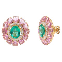 Natural 2.85cts Emerald, Pink Sapphire & 0.54cts Diamond Earring in 14k Gold