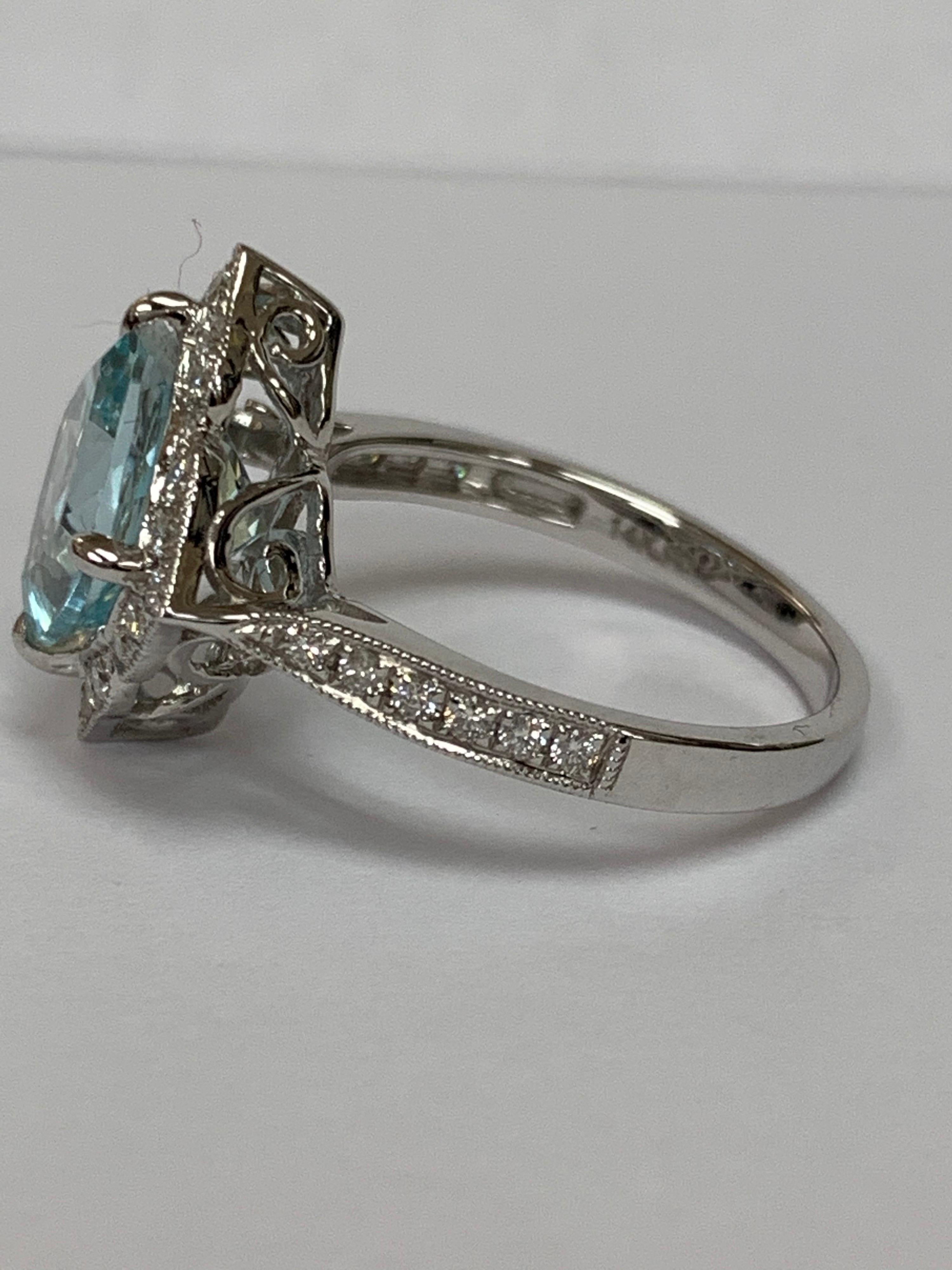 Natural 2.87 Aquamarine Cushion and White Diamond Ring In New Condition In Trumbull, CT