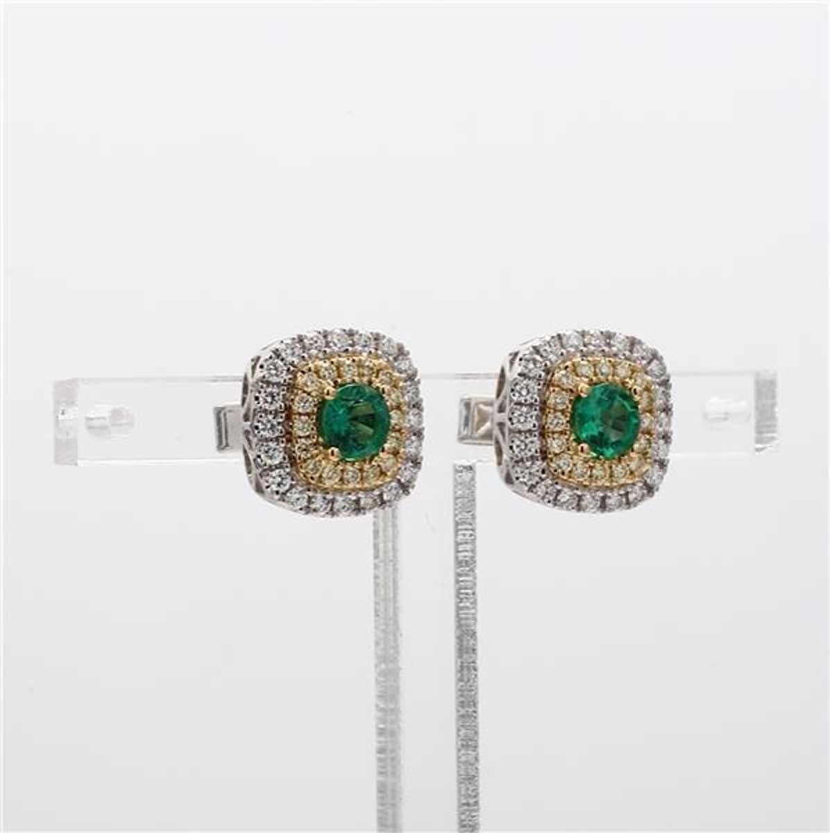 Natural Round Emerald and White Diamond .91 Carat TW Gold Stud Earrings For Sale 1
