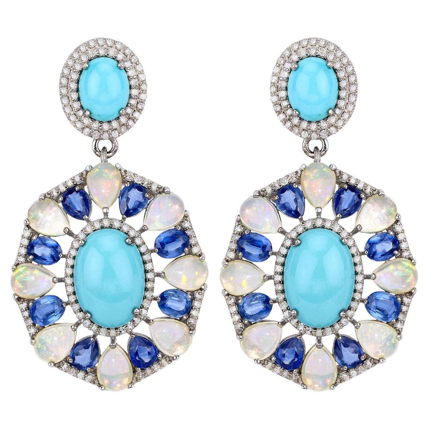 Natural 29 Carats Multicolor Gemstone Statement Earrings Set with Diamonds  For Sale at 1stDibs