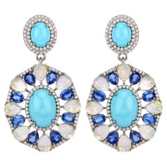 Natural 29 Carats Multicolor Gemstone Statement Earrings Set with Diamonds