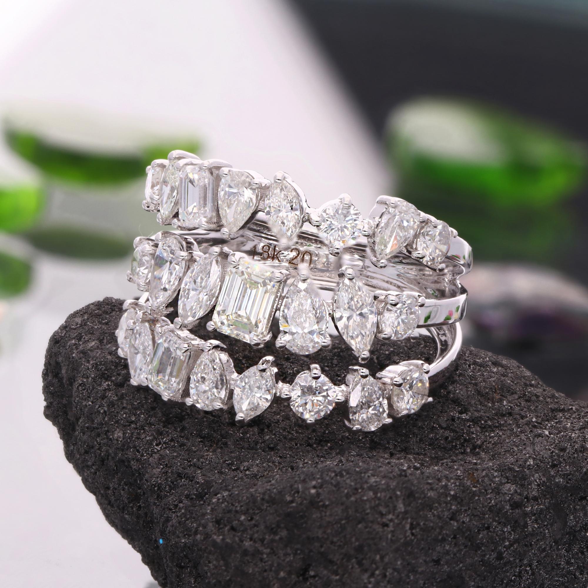Emerald Cut Natural 2.90 Carat Diamond Three Layer Ring 18 Karat White Gold Handmade Jewelry For Sale