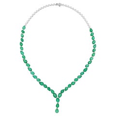 Natural 29.06Ct Pear & Oval Cut Zambian Emerald 18 Carat White Gold Necklace