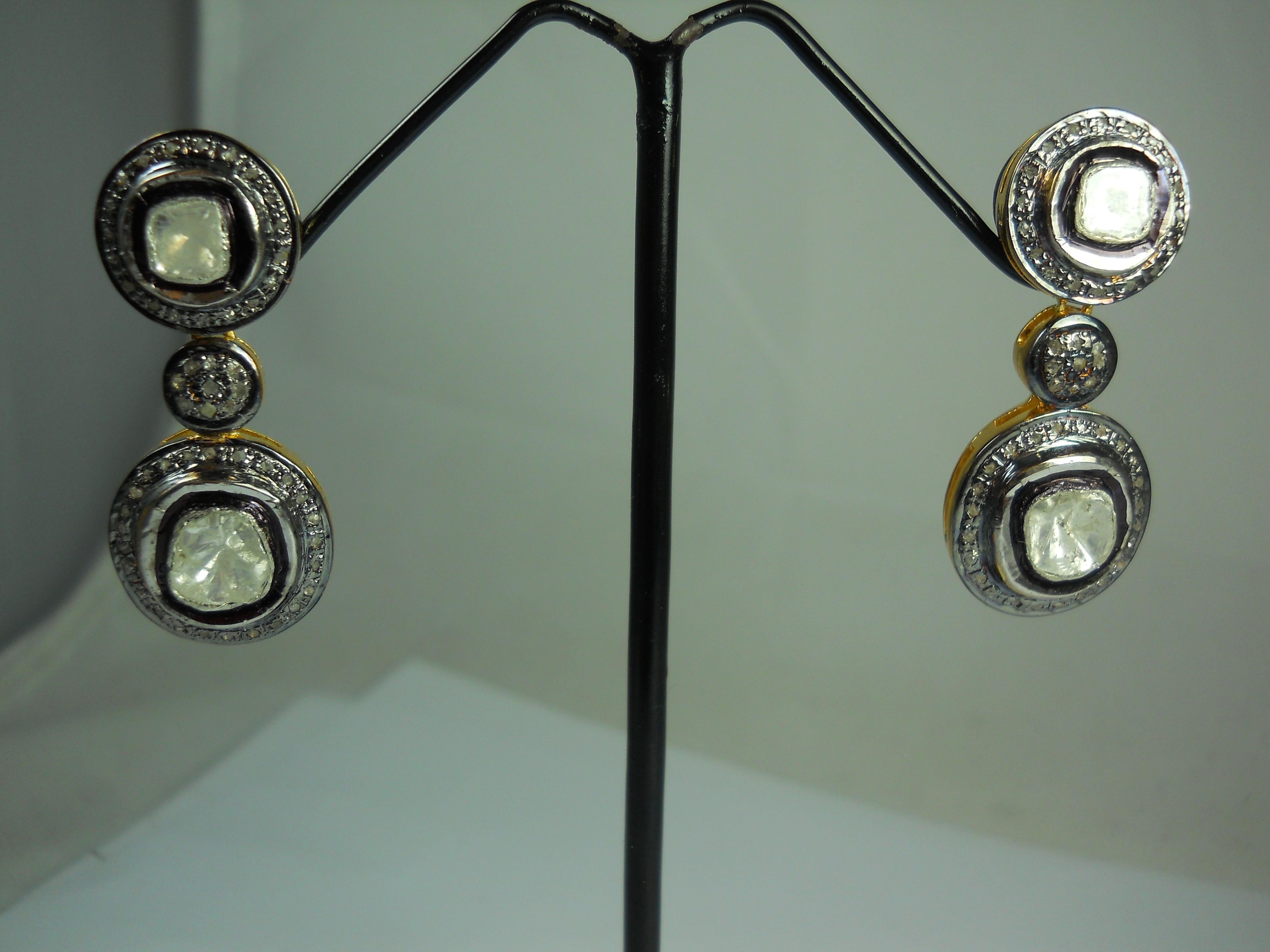 Natural 2.95ct uncut rose cut diamonds sterling silver dangle earrings  For Sale 4