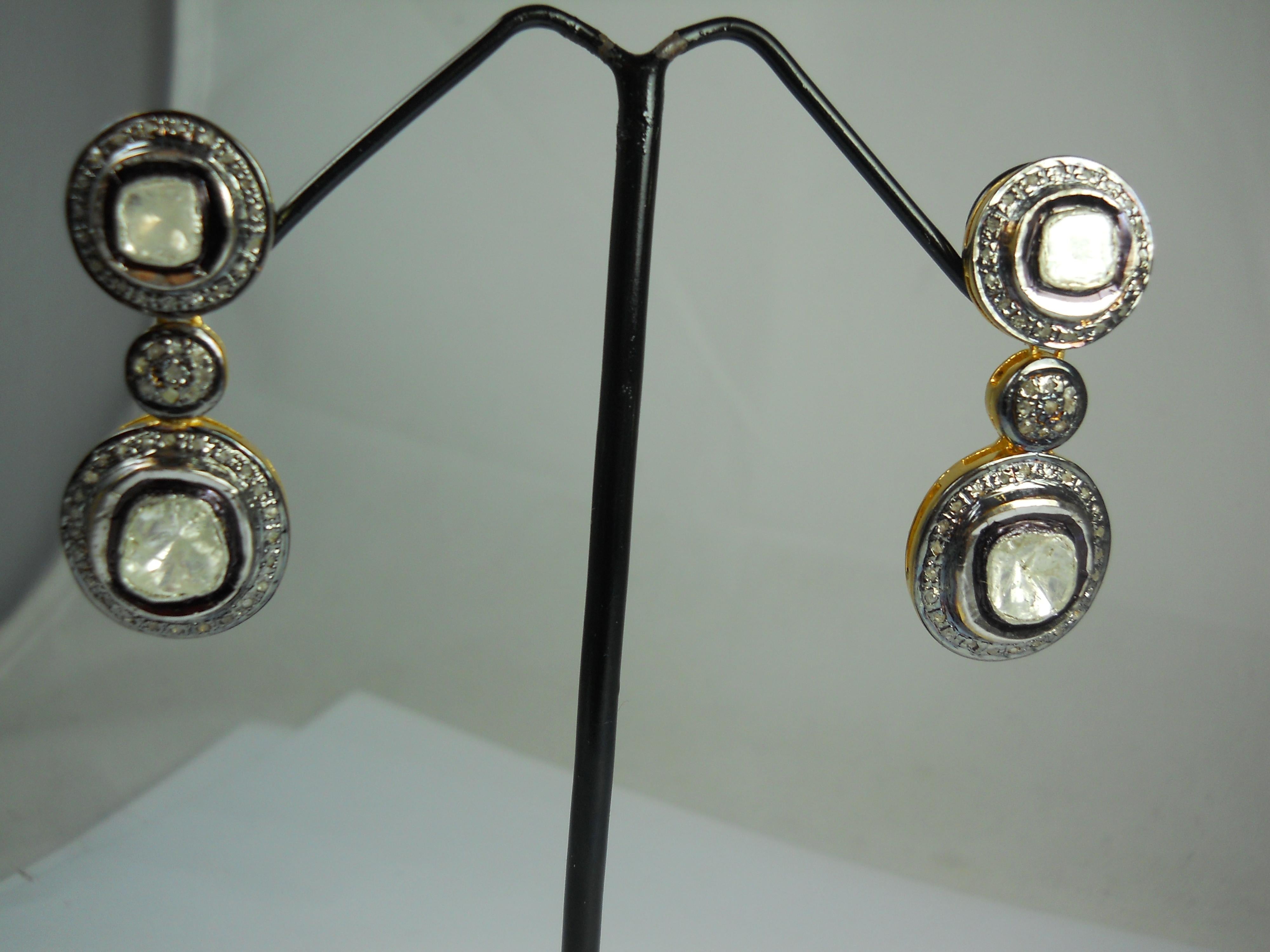 Natural 2.95ct uncut rose cut diamonds sterling silver dangle earrings  For Sale 5