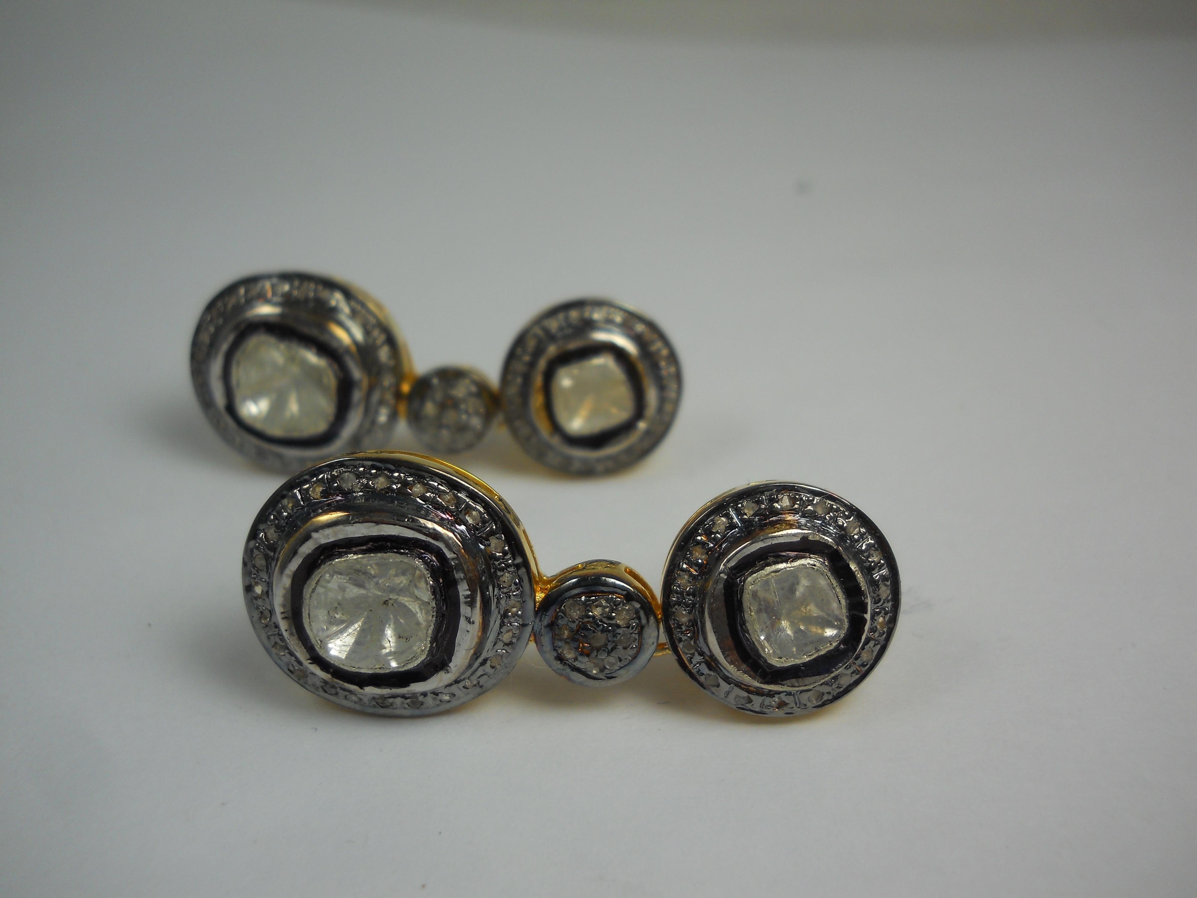 Women's or Men's Natural 2.95ct uncut rose cut diamonds sterling silver dangle earrings  For Sale