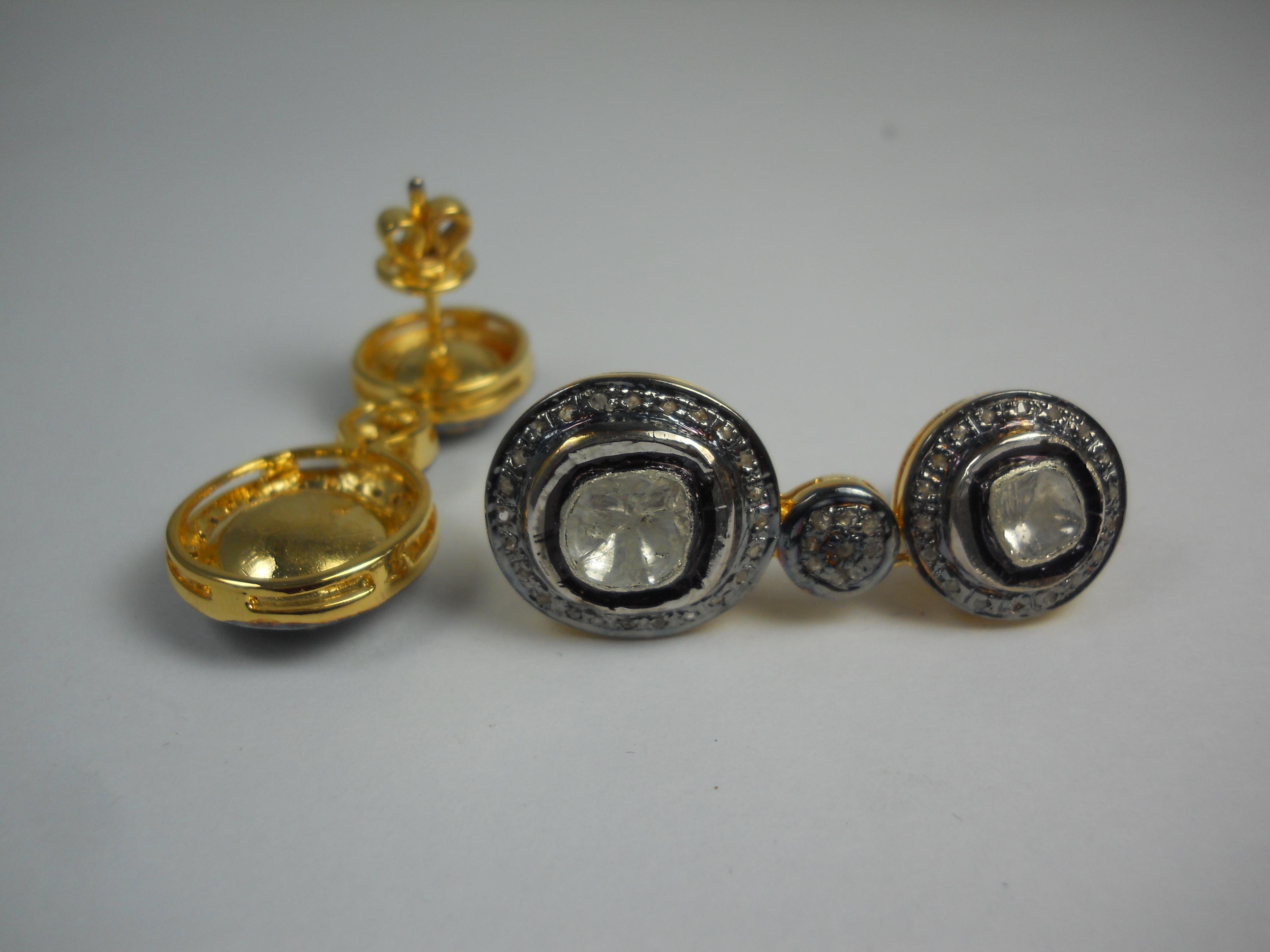 Natural 2.95ct uncut rose cut diamonds sterling silver dangle earrings  For Sale 1